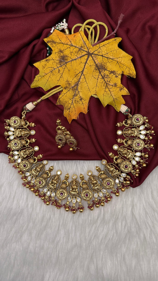 Goddess Lakshmi Peacock Neckline Short Traditional  Necklace - 