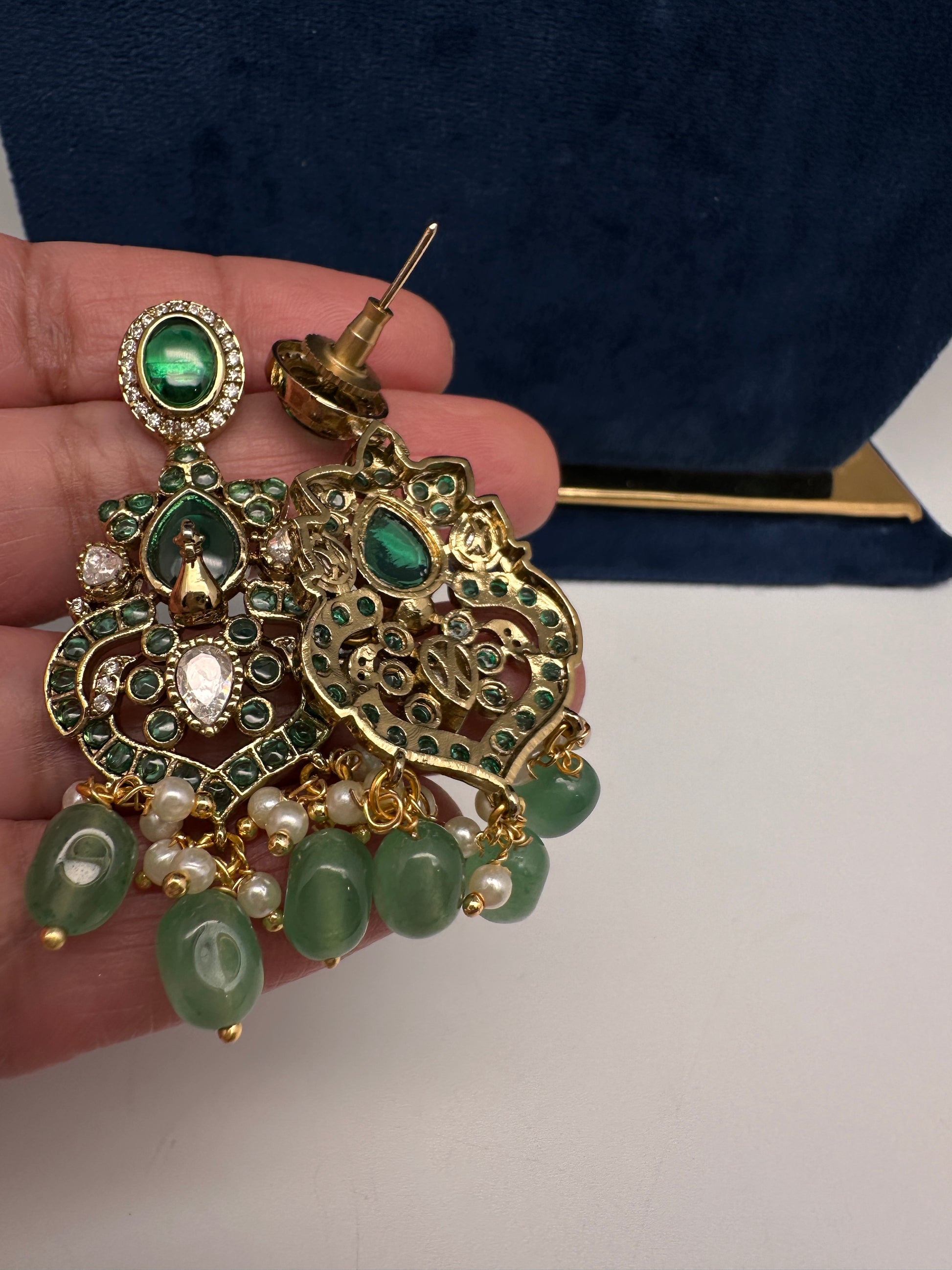 Moissanite Kempu Peacock Ethnic Short Matte Necklace - Green