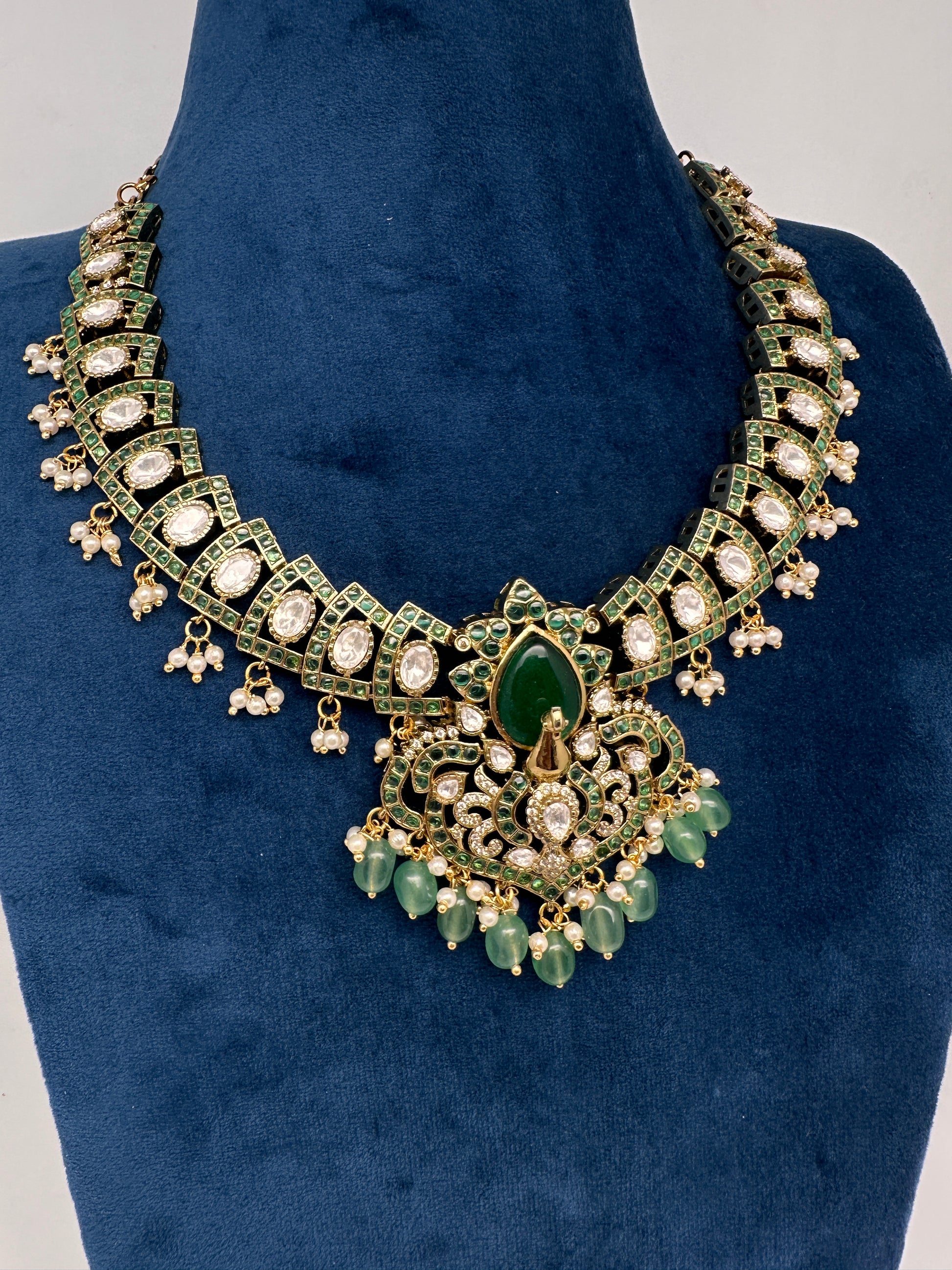 Moissanite Kempu Peacock Ethnic Short Matte Necklace - Green