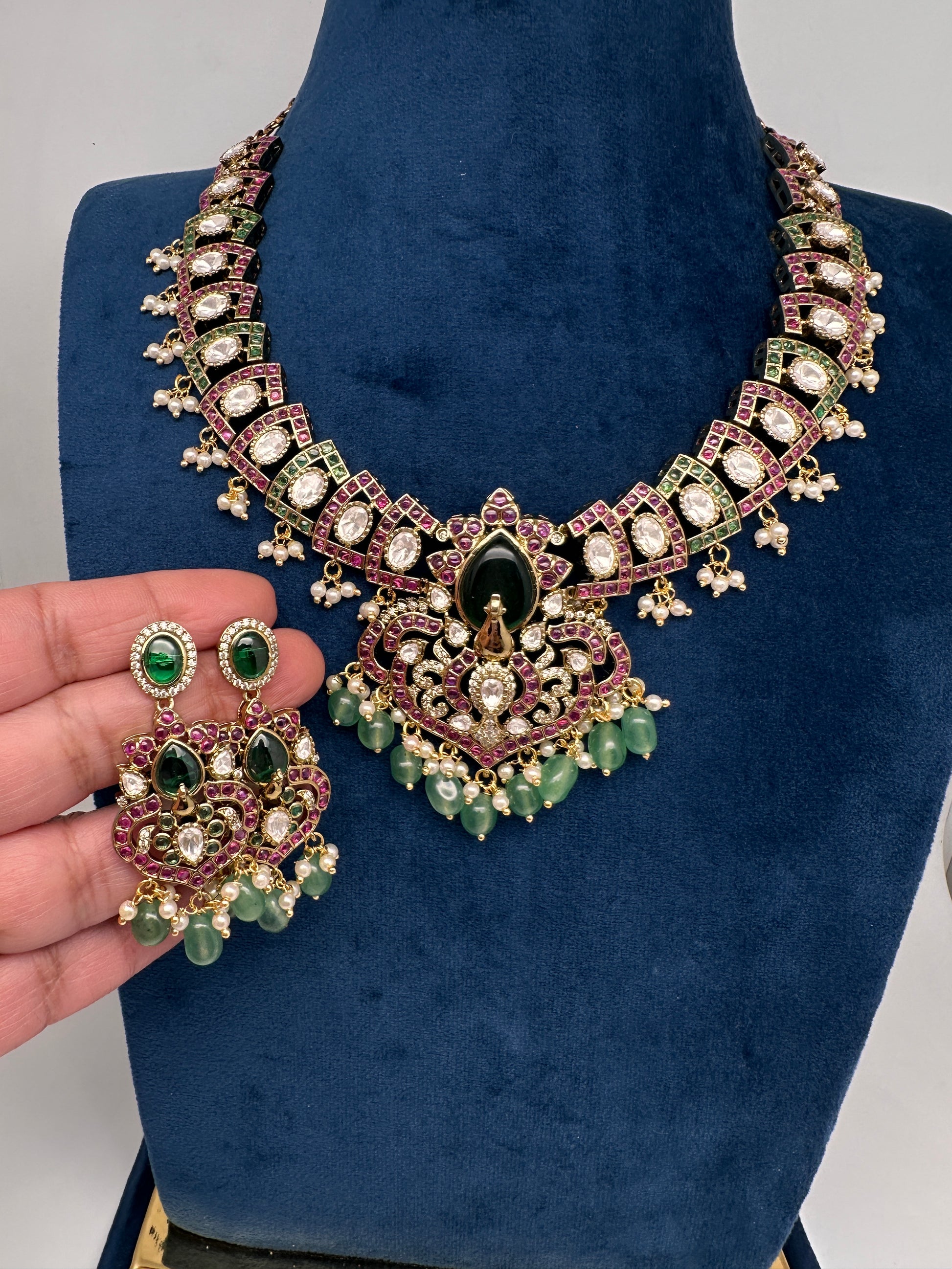 Moissanite Kempu Peacock Ethnic Short Matte Necklace - Multi