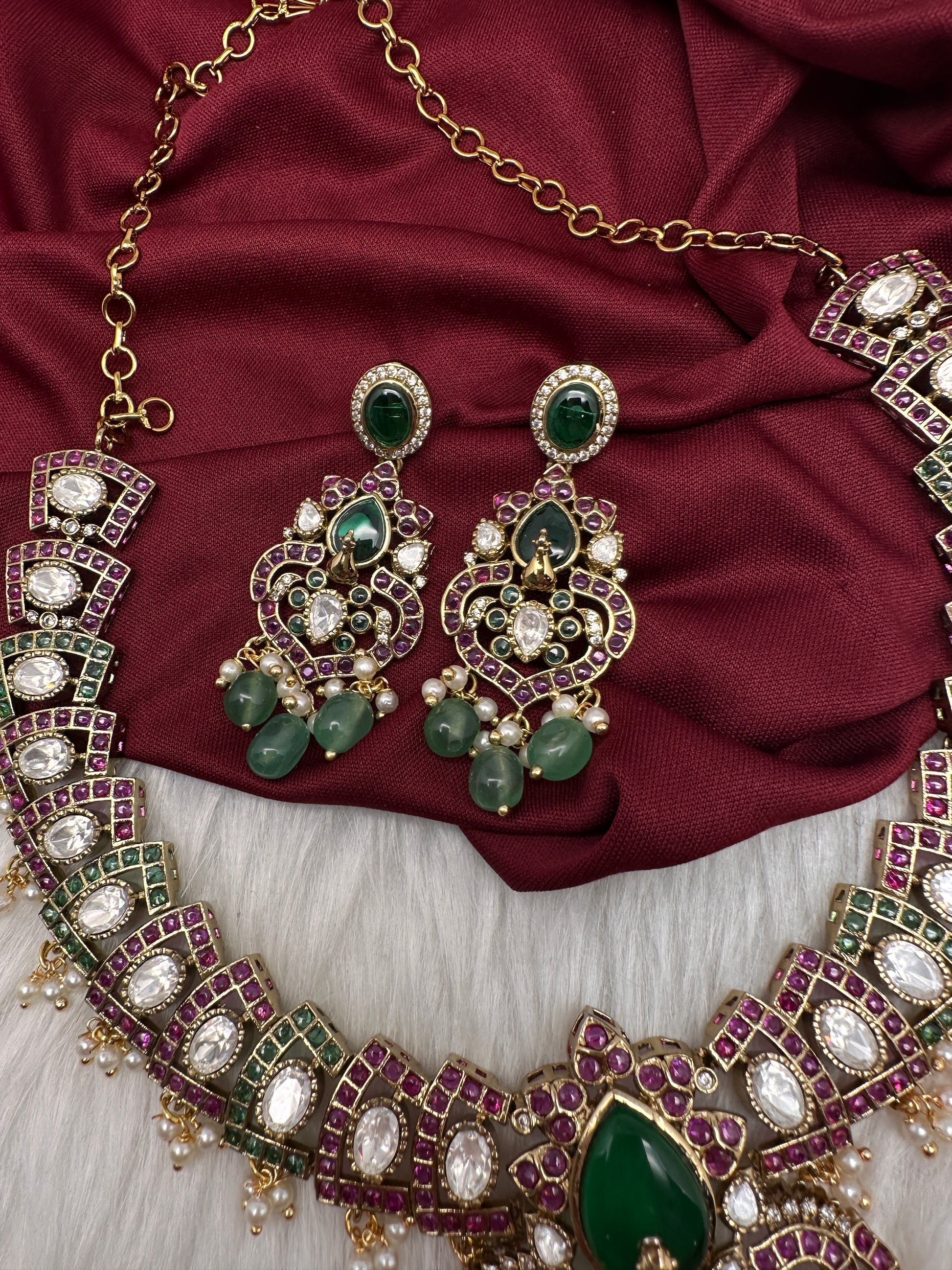 Moissanite Kempu Peacock Ethnic Short Matte Necklace - Multi