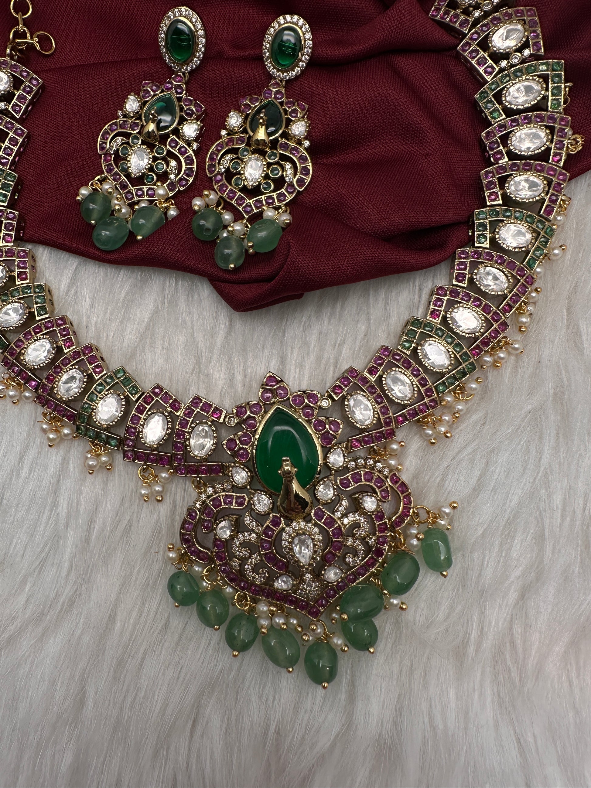 Moissanite Kempu Peacock Ethnic Short Matte Necklace - Multi