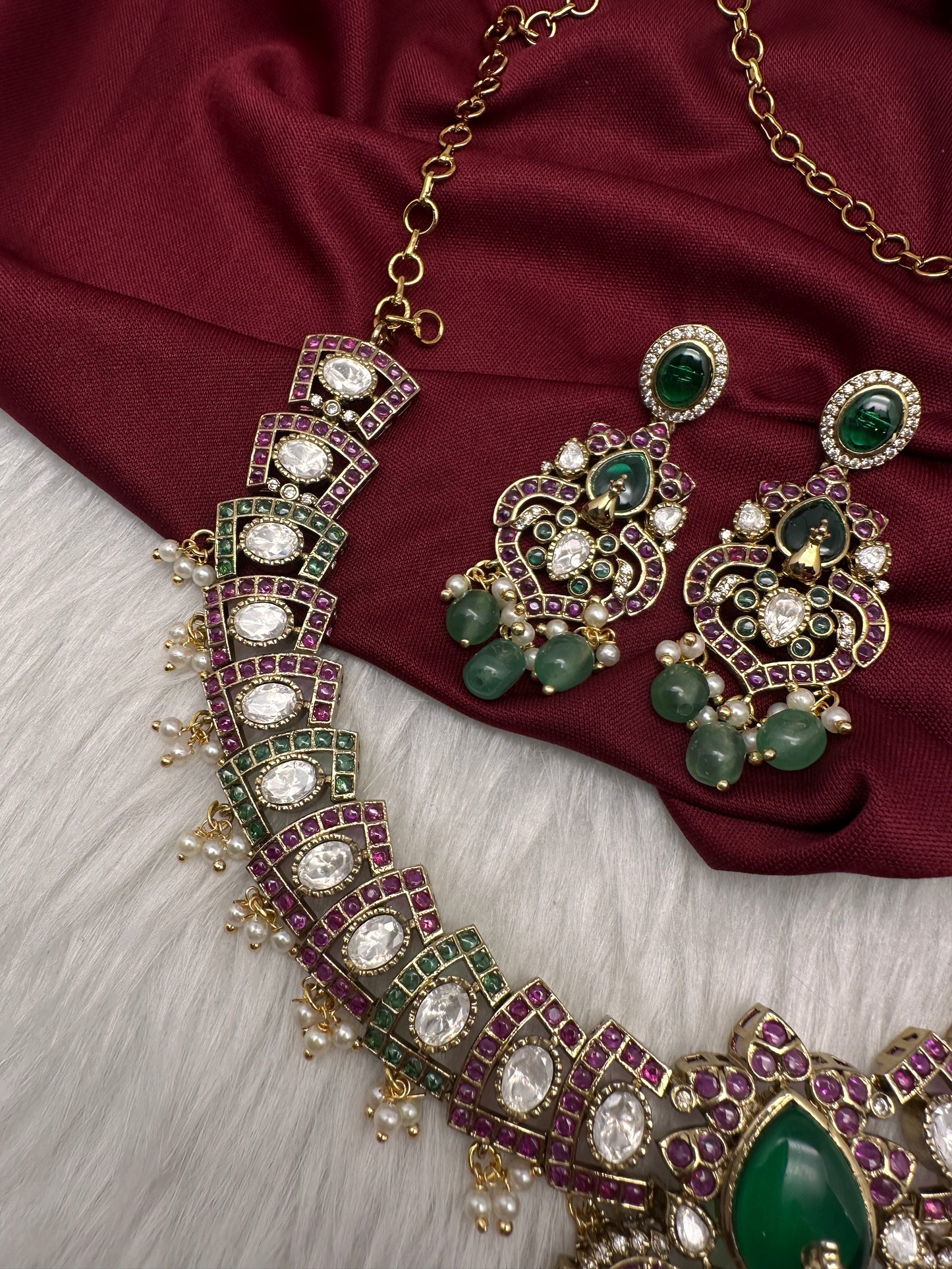 Moissanite Kempu Peacock Ethnic Short Matte Necklace - Multi