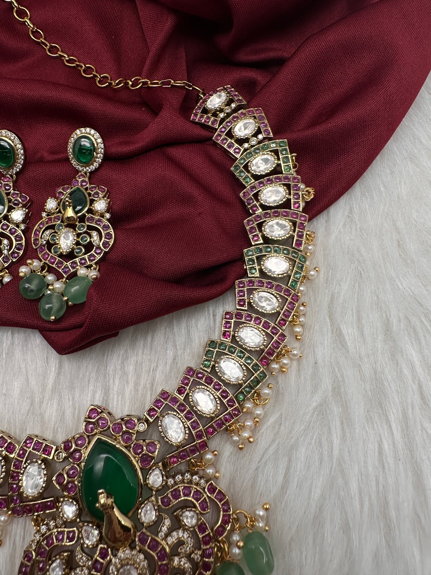 Moissanite Kempu Peacock Ethnic Short Matte Necklace - Multi