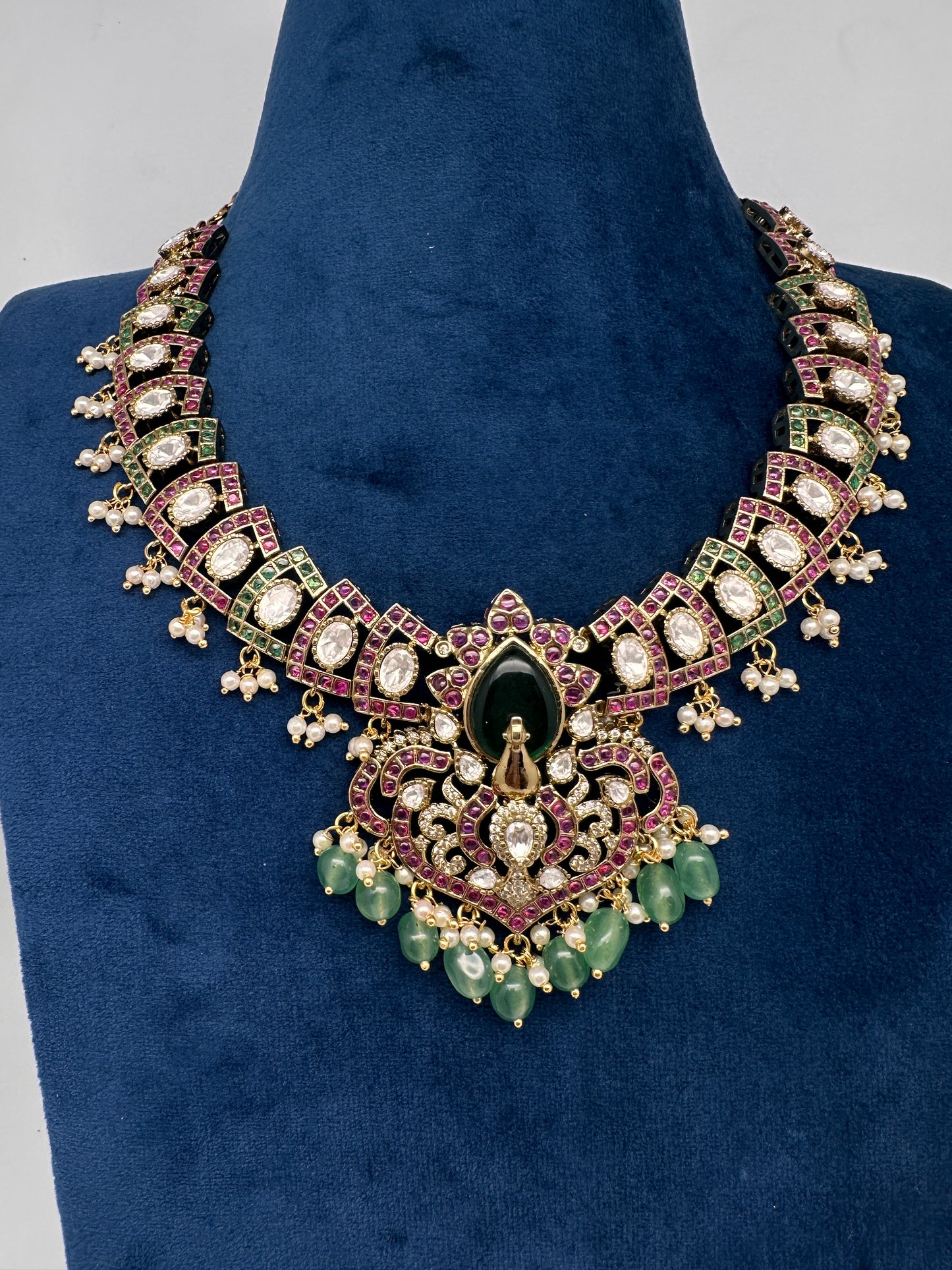 Moissanite Kempu Peacock Ethnic Short Matte Necklace - Multi