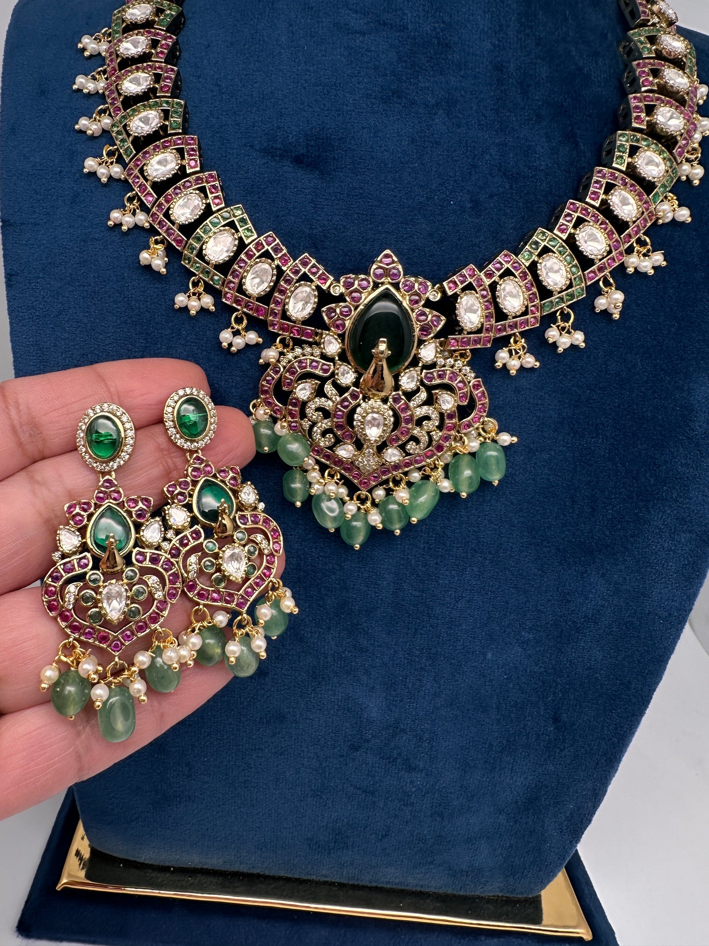 Moissanite Kempu Peacock Ethnic Short Matte Necklace - Multi