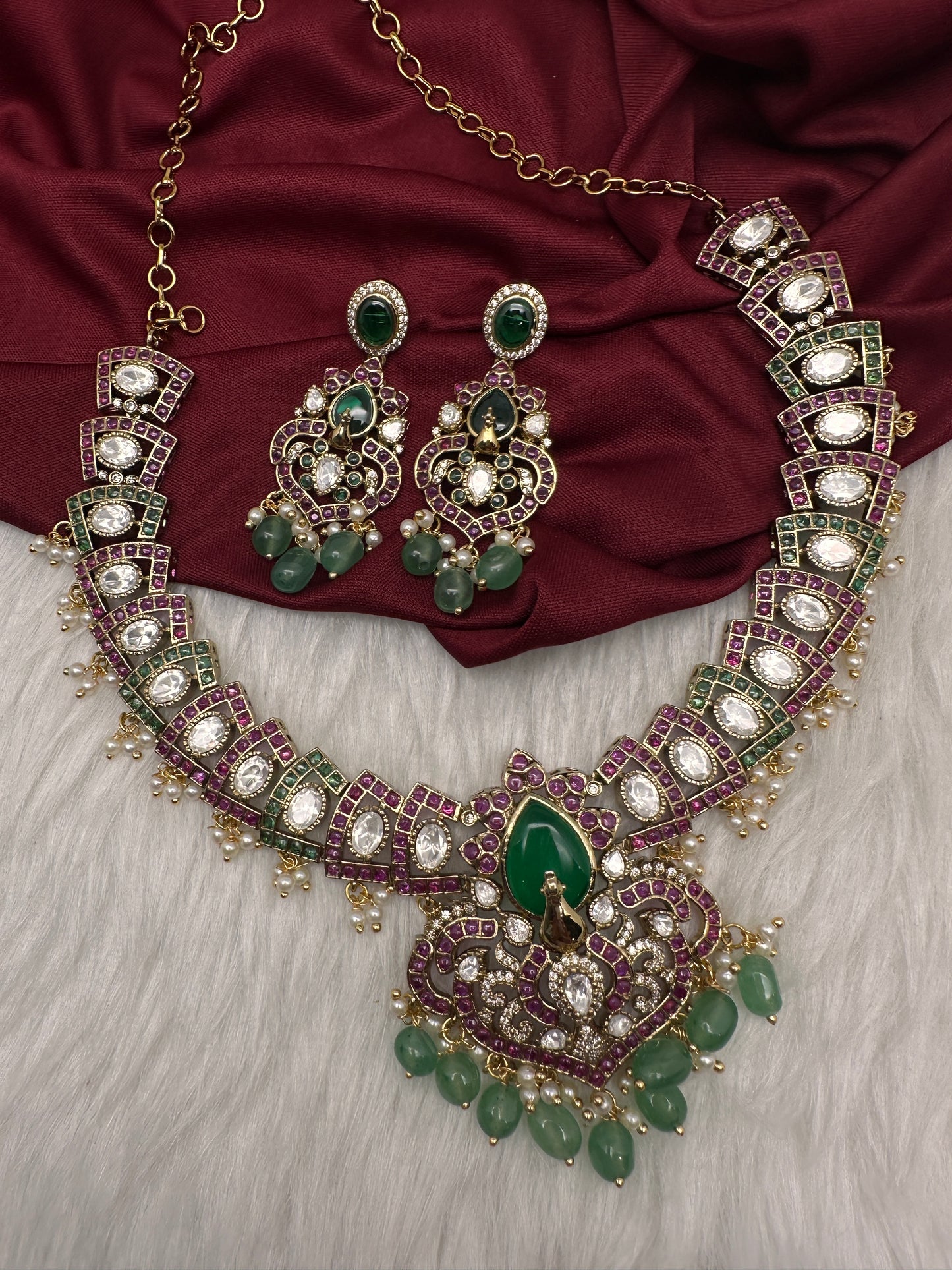 Moissanite Kempu Peacock Ethnic Short Matte Necklace - Multi
