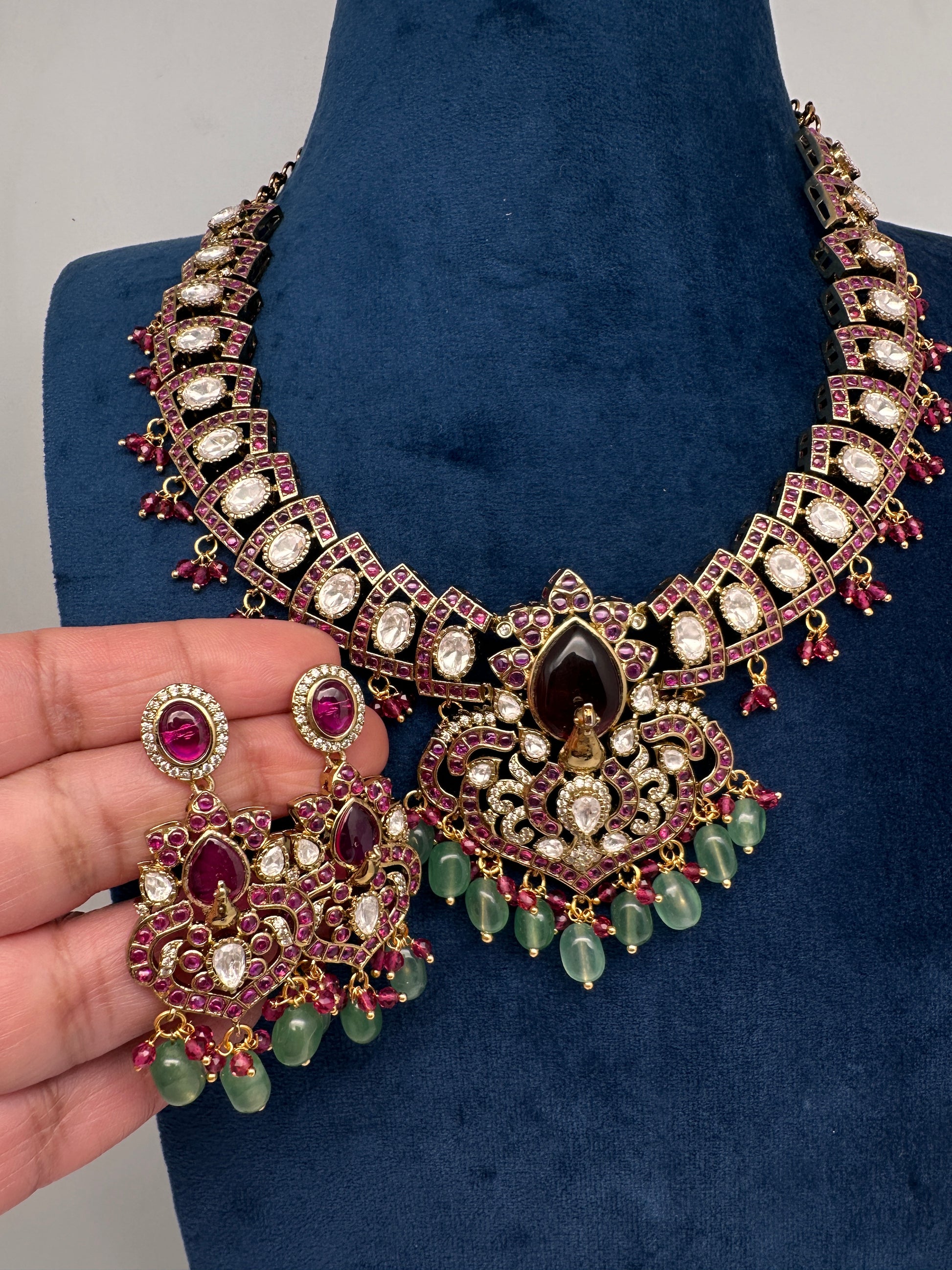 Moissanite Kempu Peacock Ethnic Short Matte Necklace - Red