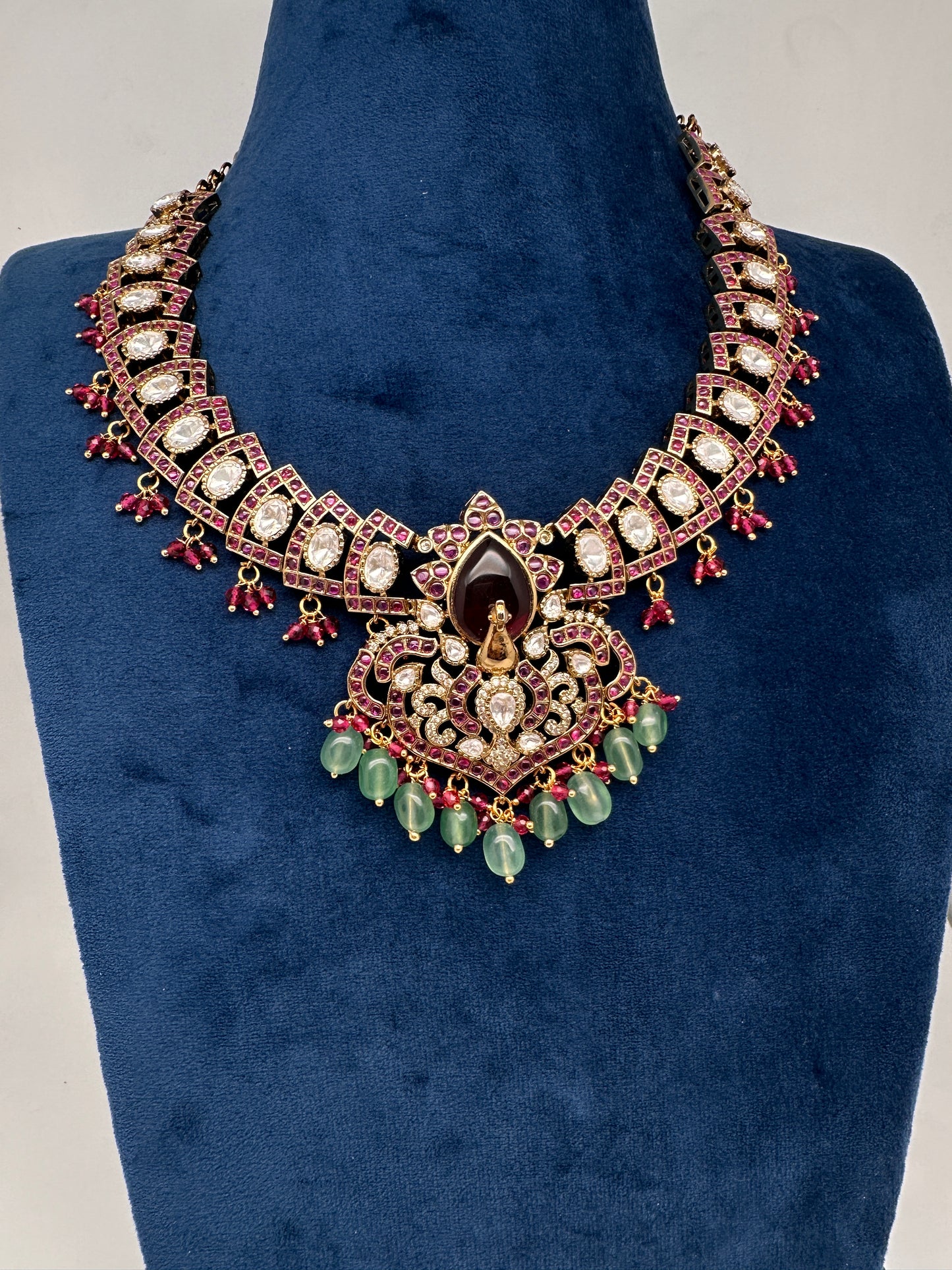 Moissanite Kempu Peacock Ethnic Short Matte Necklace - Red