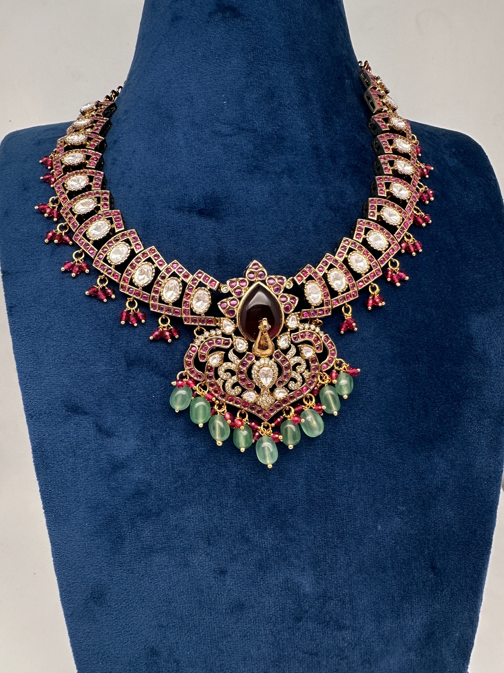 Moissanite Kempu Peacock Ethnic Short Matte Necklace - Red