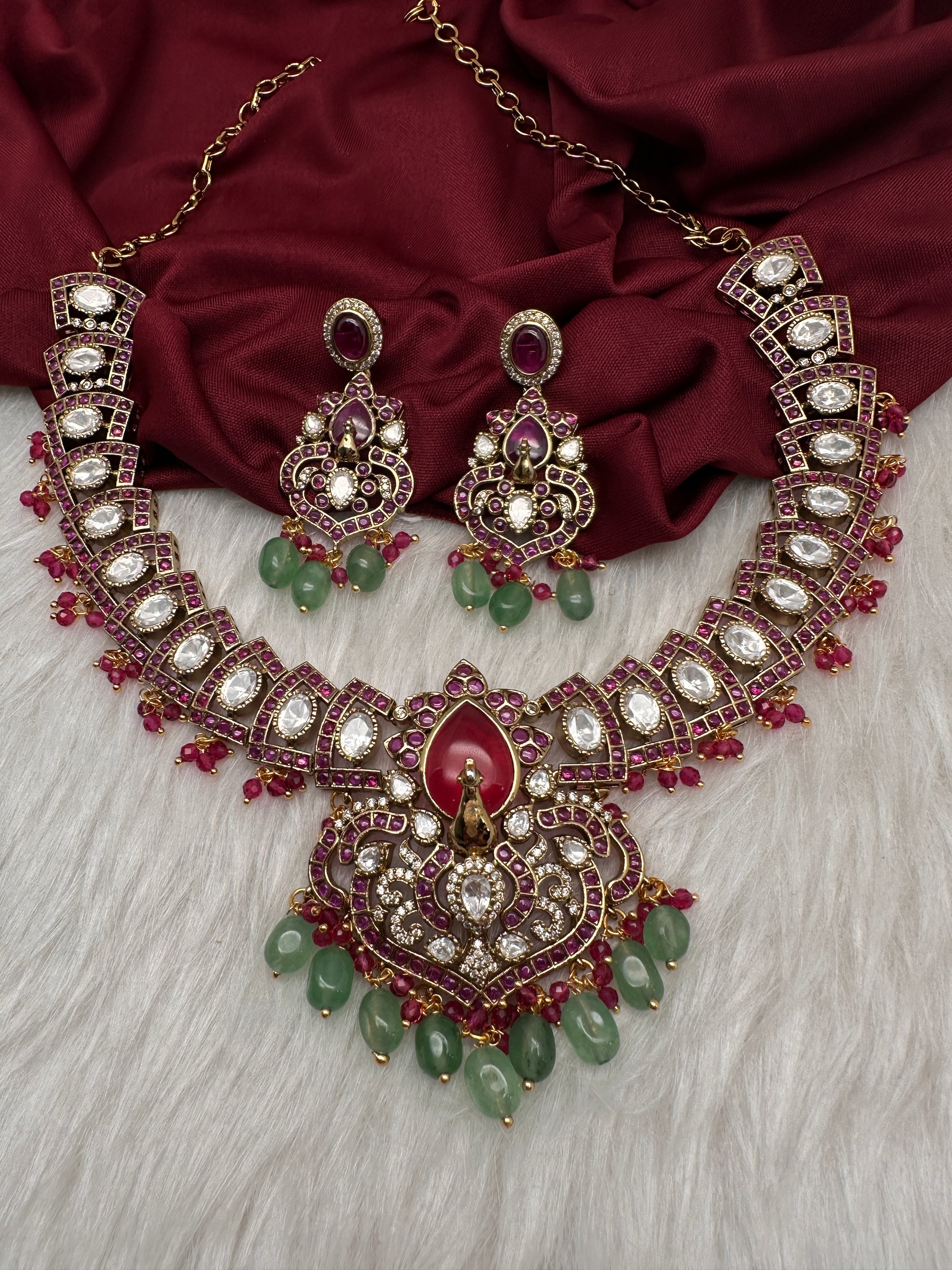 Moissanite Kempu Peacock Ethnic Short Matte Necklace - Red