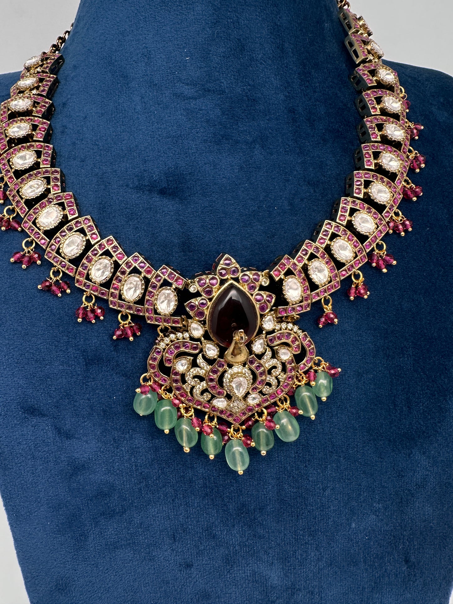 Moissanite Kempu Peacock Ethnic Short Matte Necklace - Red