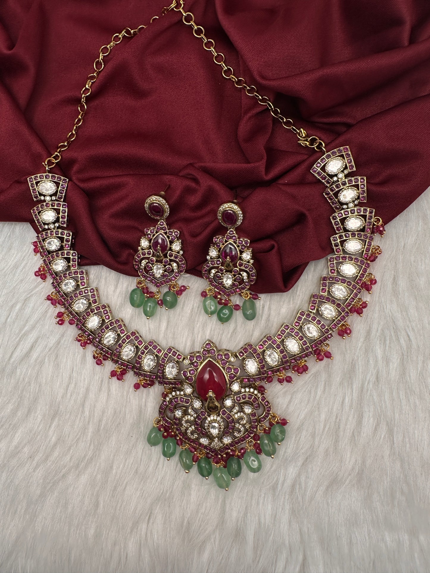 Moissanite Kempu Peacock Ethnic Short Matte Necklace - Red