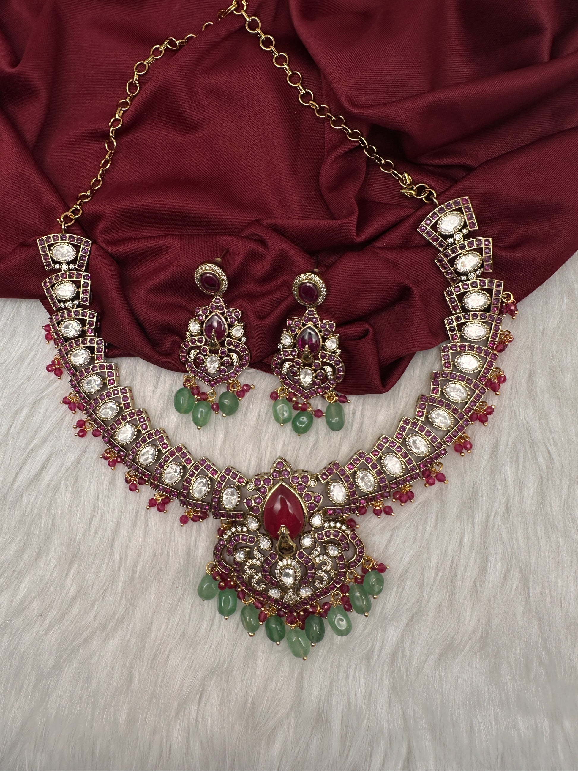 Moissanite Kempu Peacock Ethnic Short Matte Necklace - Red