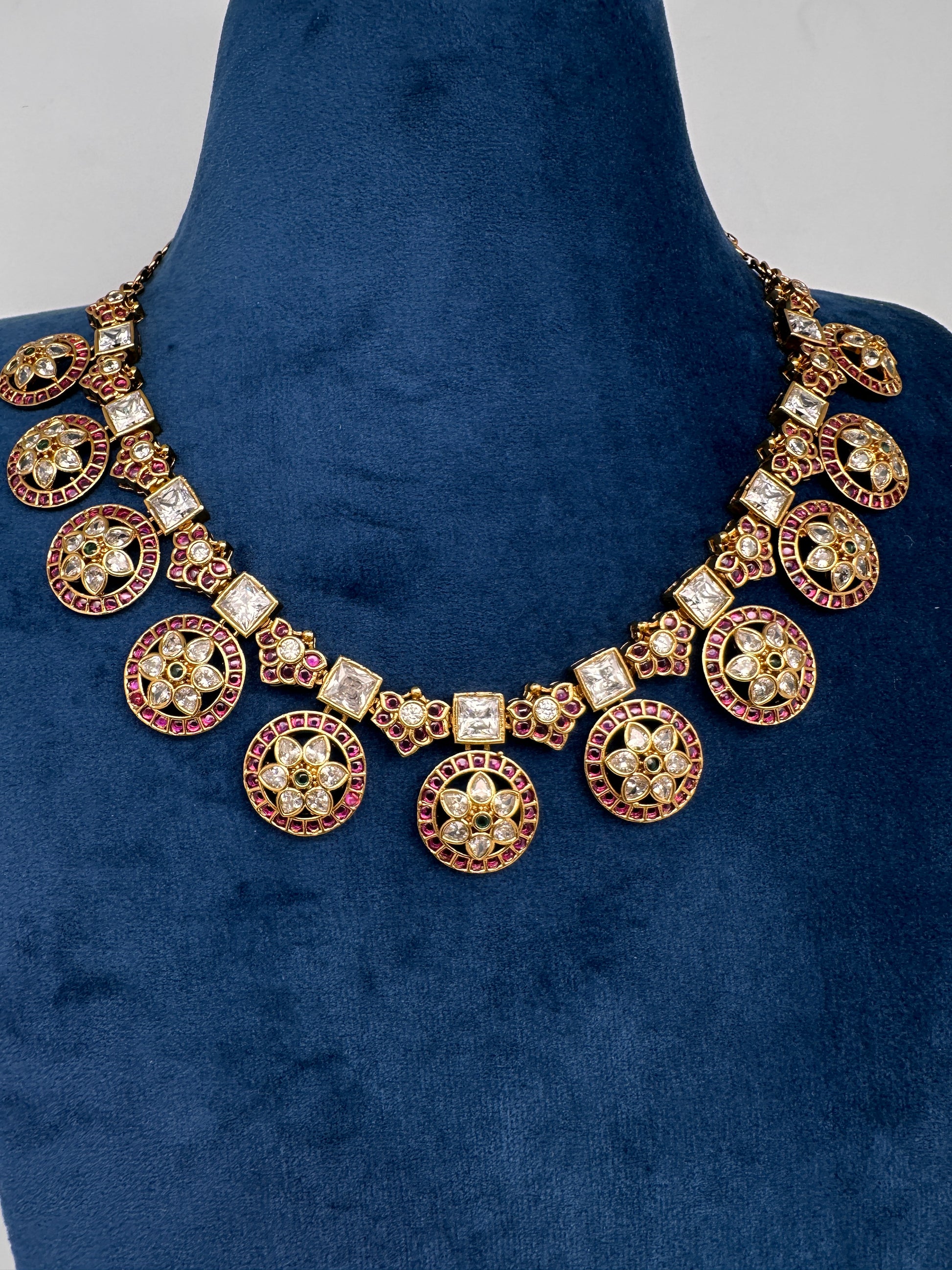 Kempu CZ Floral Bottu Mala Short Matte Necklace - 