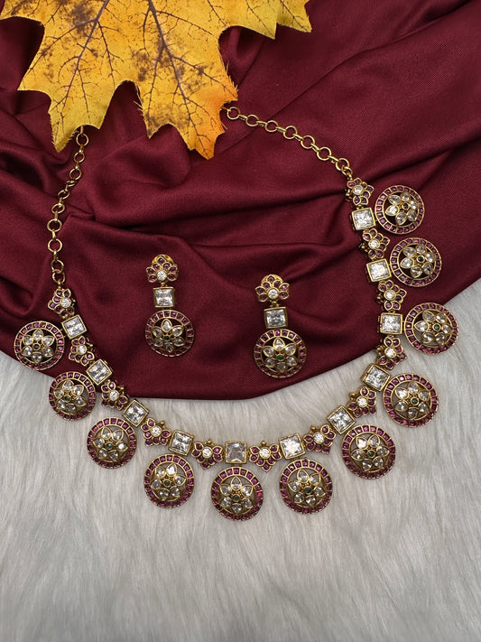 Kempu CZ Floral Bottu Mala Short Matte Necklace - 