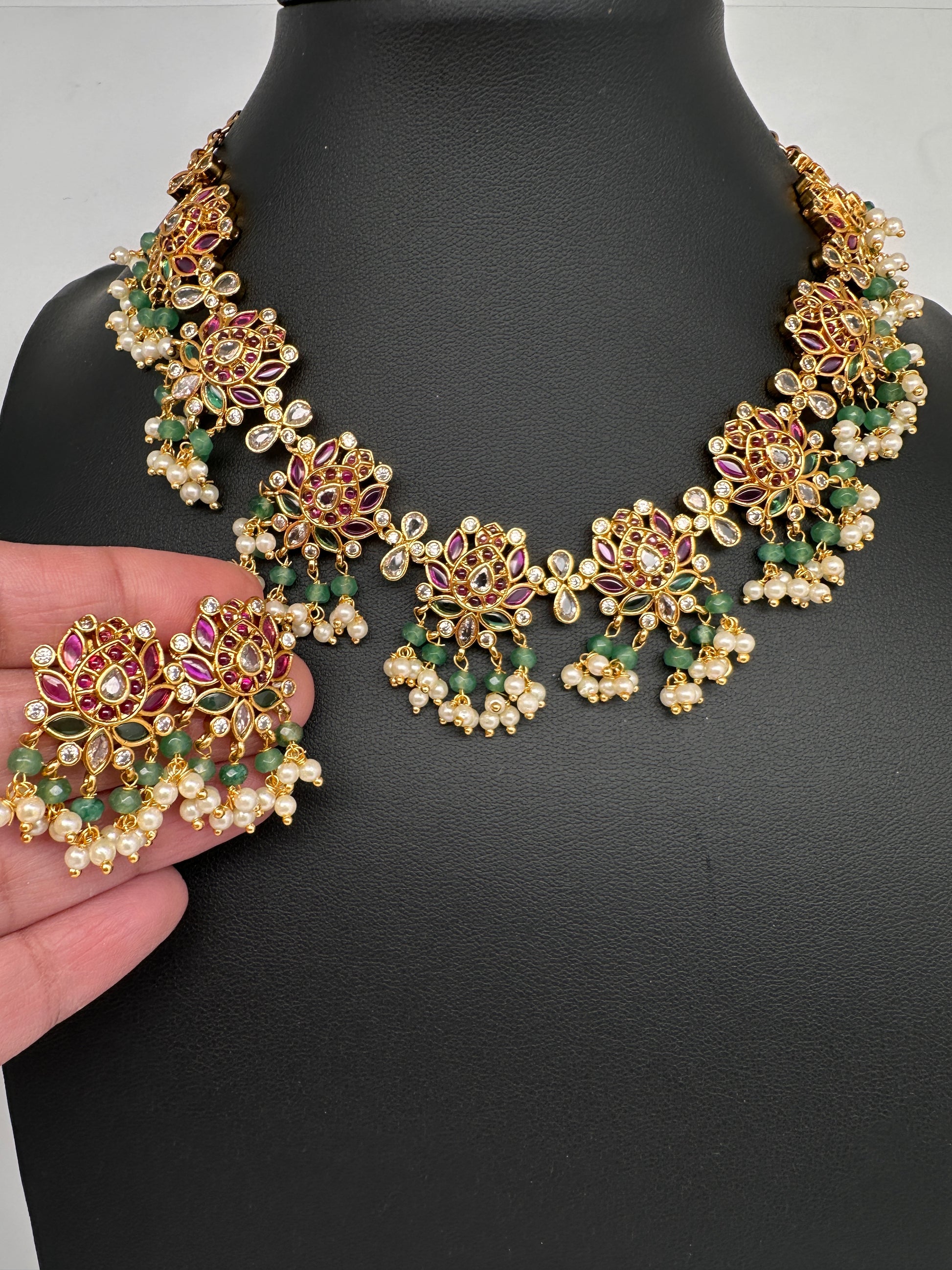 Kempu CZ Lotus Ethnic Short Matte Necklace - Green
