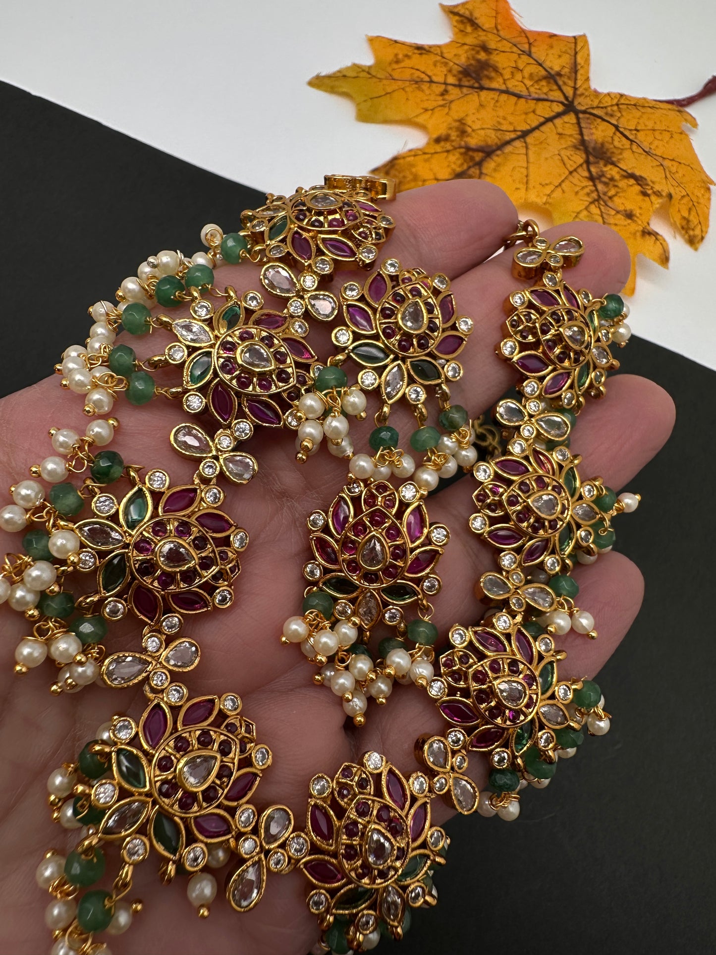 Kempu CZ Lotus Ethnic Short Matte Necklace - Green