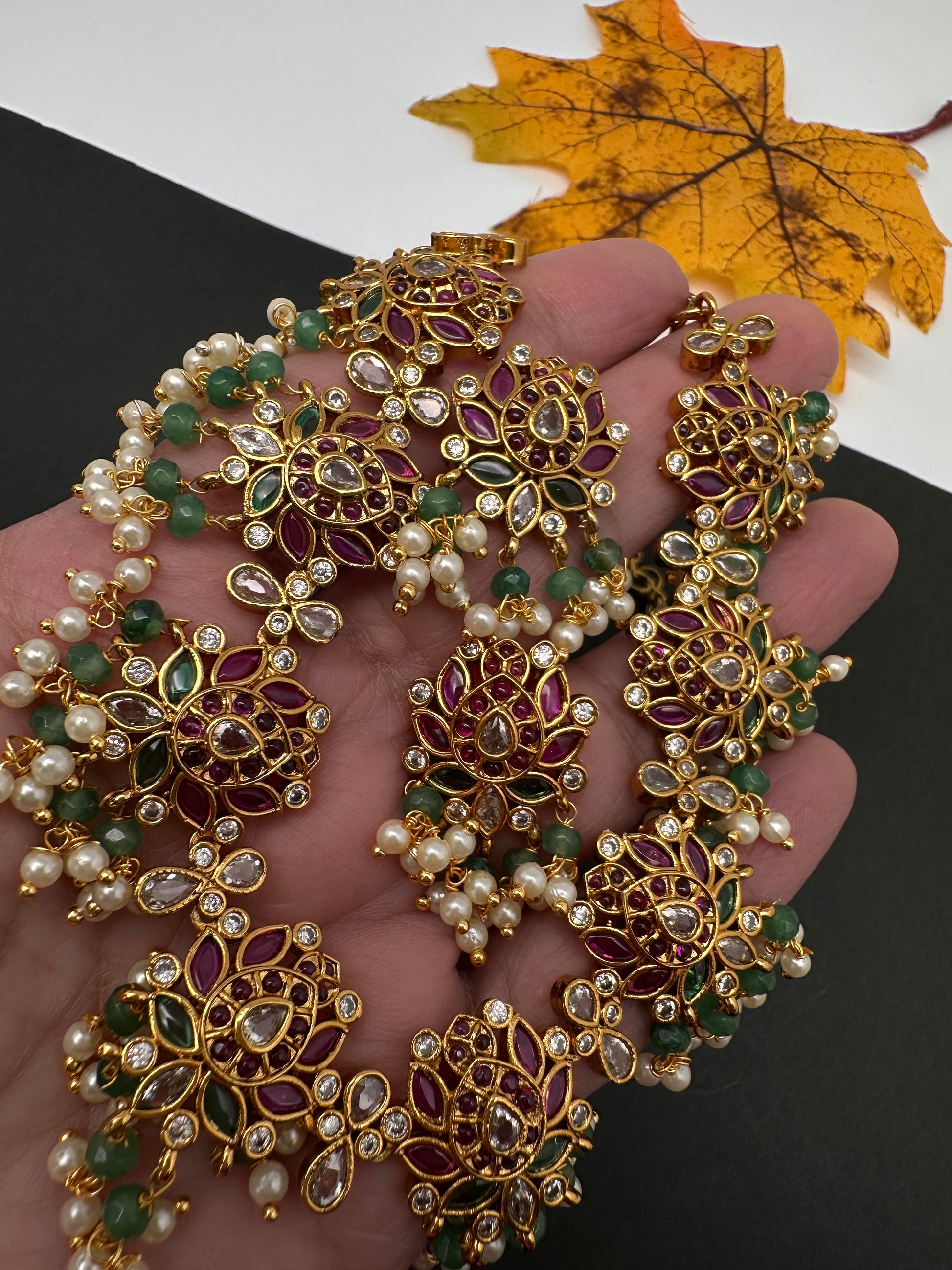 Kempu CZ Lotus Ethnic Short Matte Necklace - Green