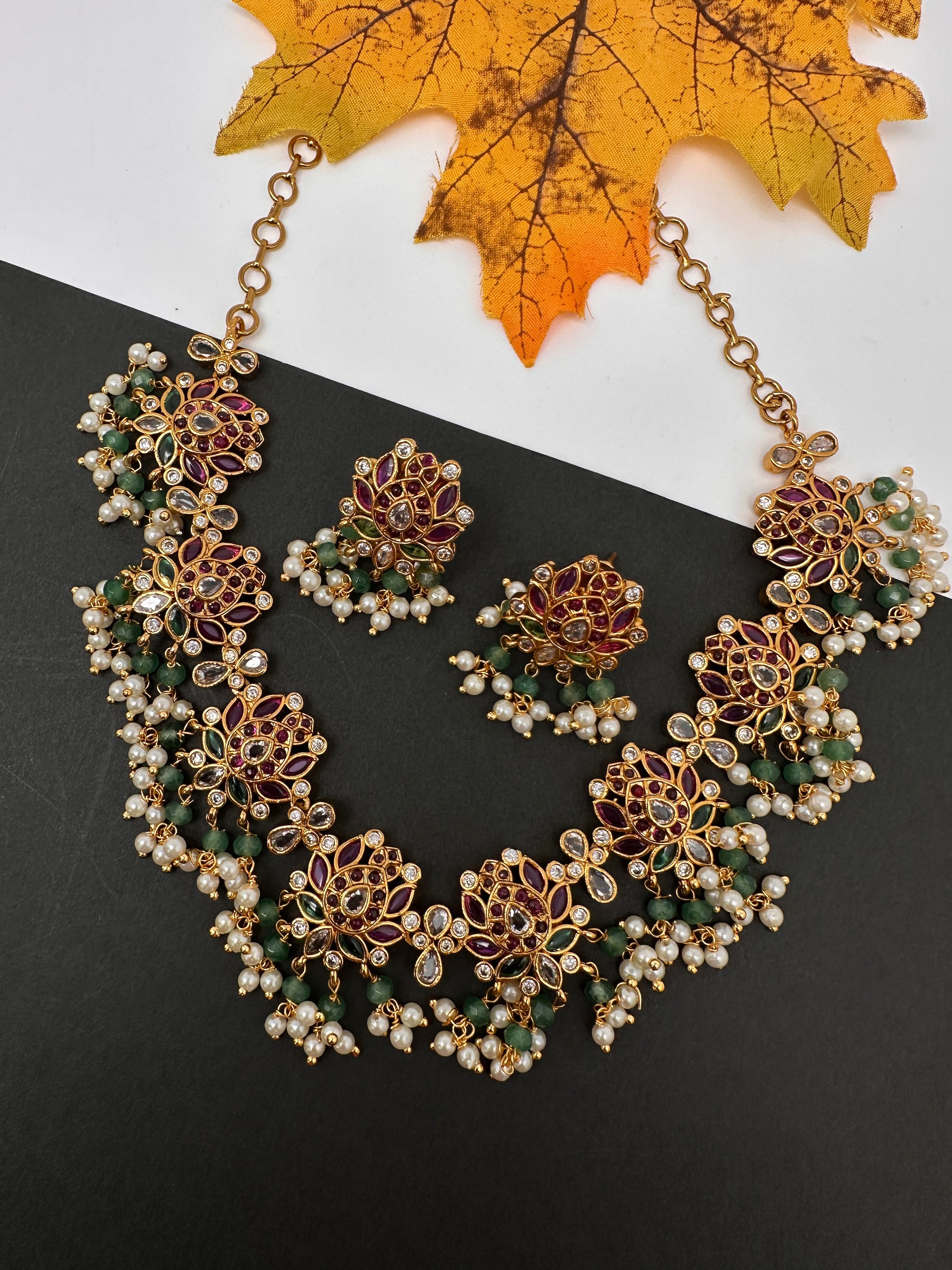 Kempu CZ Lotus Ethnic Short Matte Necklace - Green