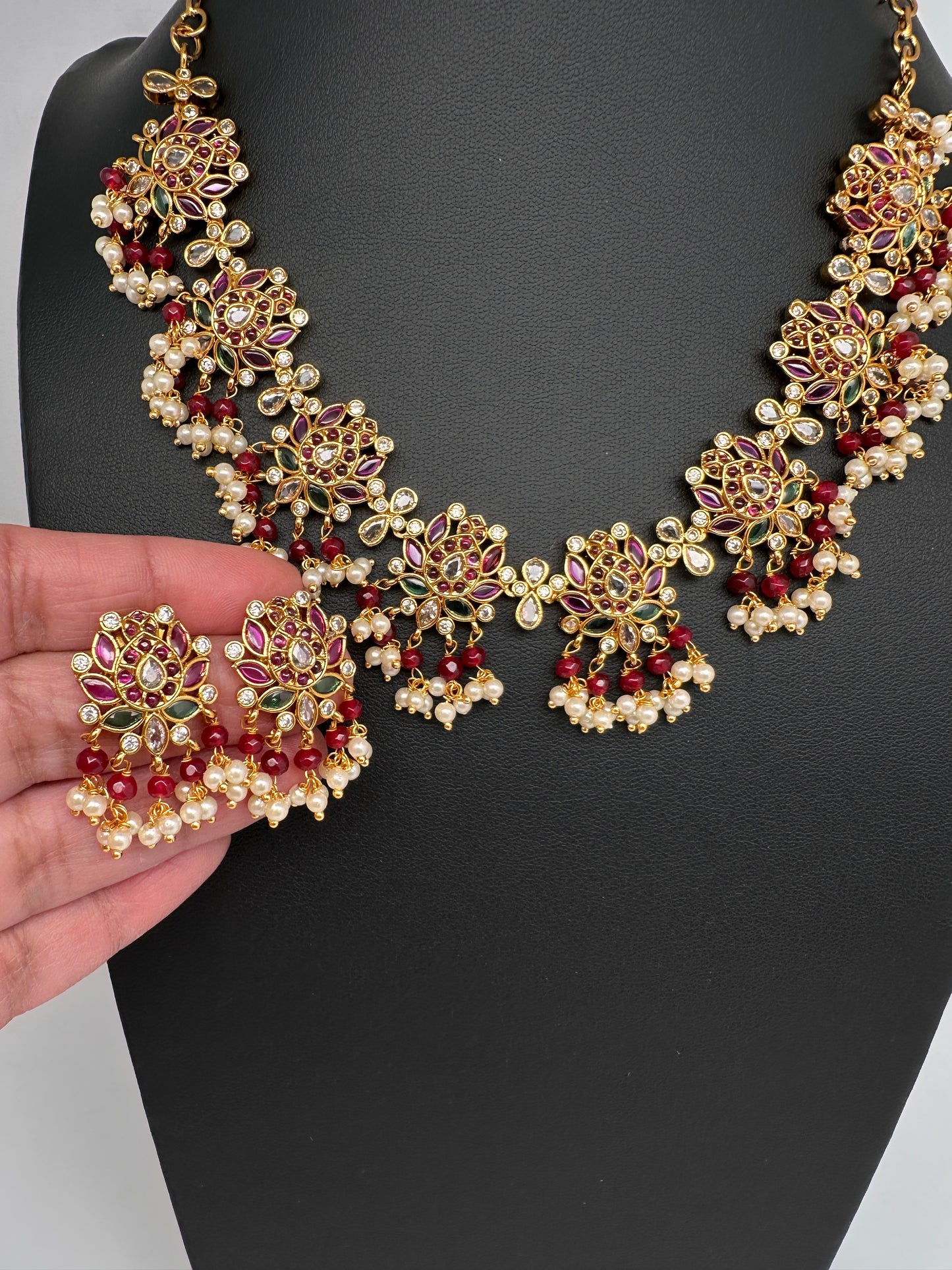 Kempu CZ Lotus Ethnic Short Matte Necklace - Red