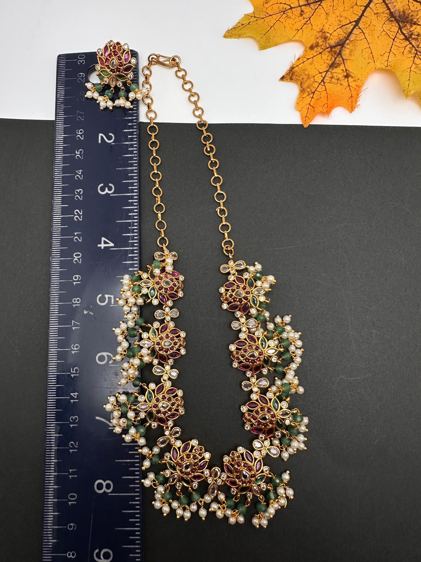 Kempu CZ Lotus Ethnic Short Matte Necklace - Red