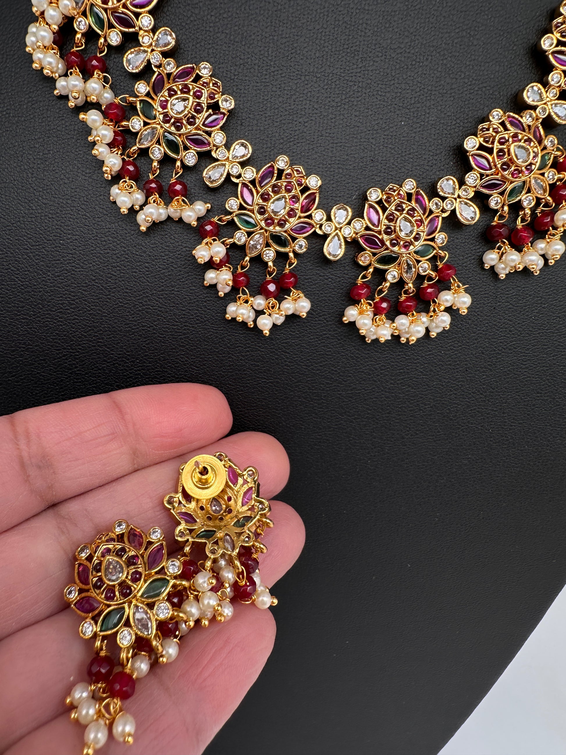 Kempu CZ Lotus Ethnic Short Matte Necklace - Red