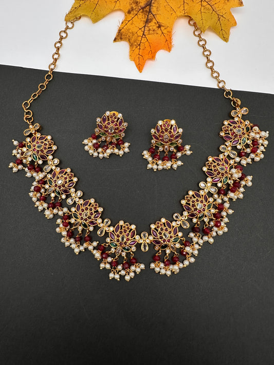 Kempu CZ Lotus Ethnic Short Matte Necklace - Red