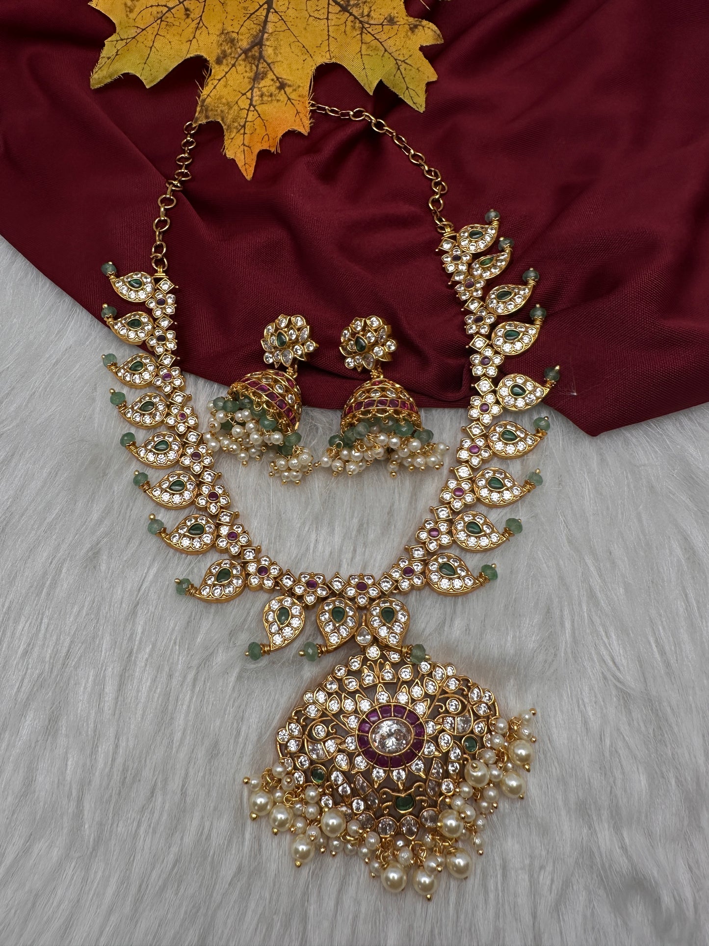 CZ Mango 4 - 1 Short Necklace Comes with 3 Pendents and Jhumka - 