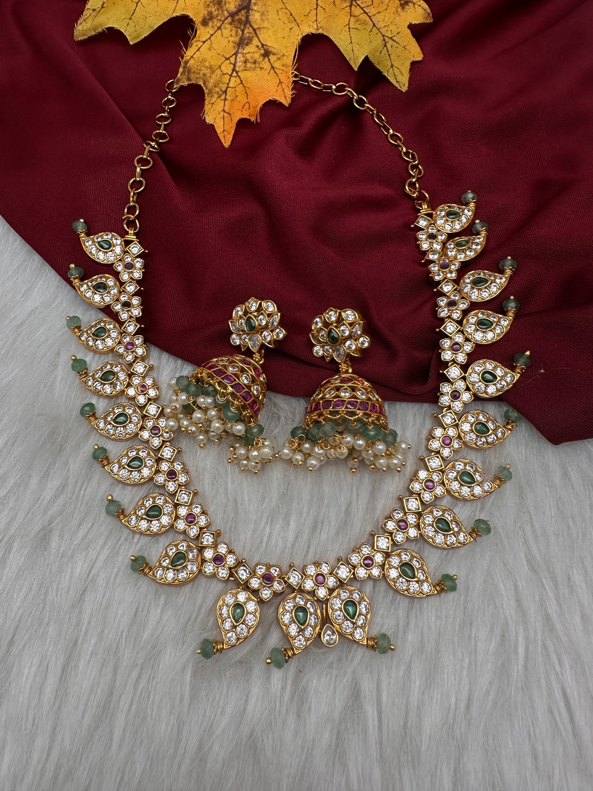 CZ Mango 4 - 1 Short Necklace Comes with 3 Pendents and Jhumka - 