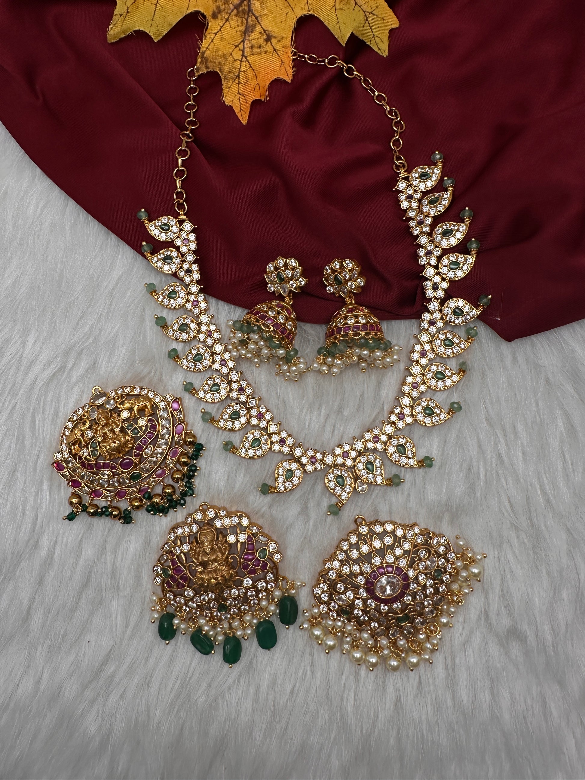 CZ Mango 4 - 1 Short Necklace Comes with 3 Pendents and Jhumka - 