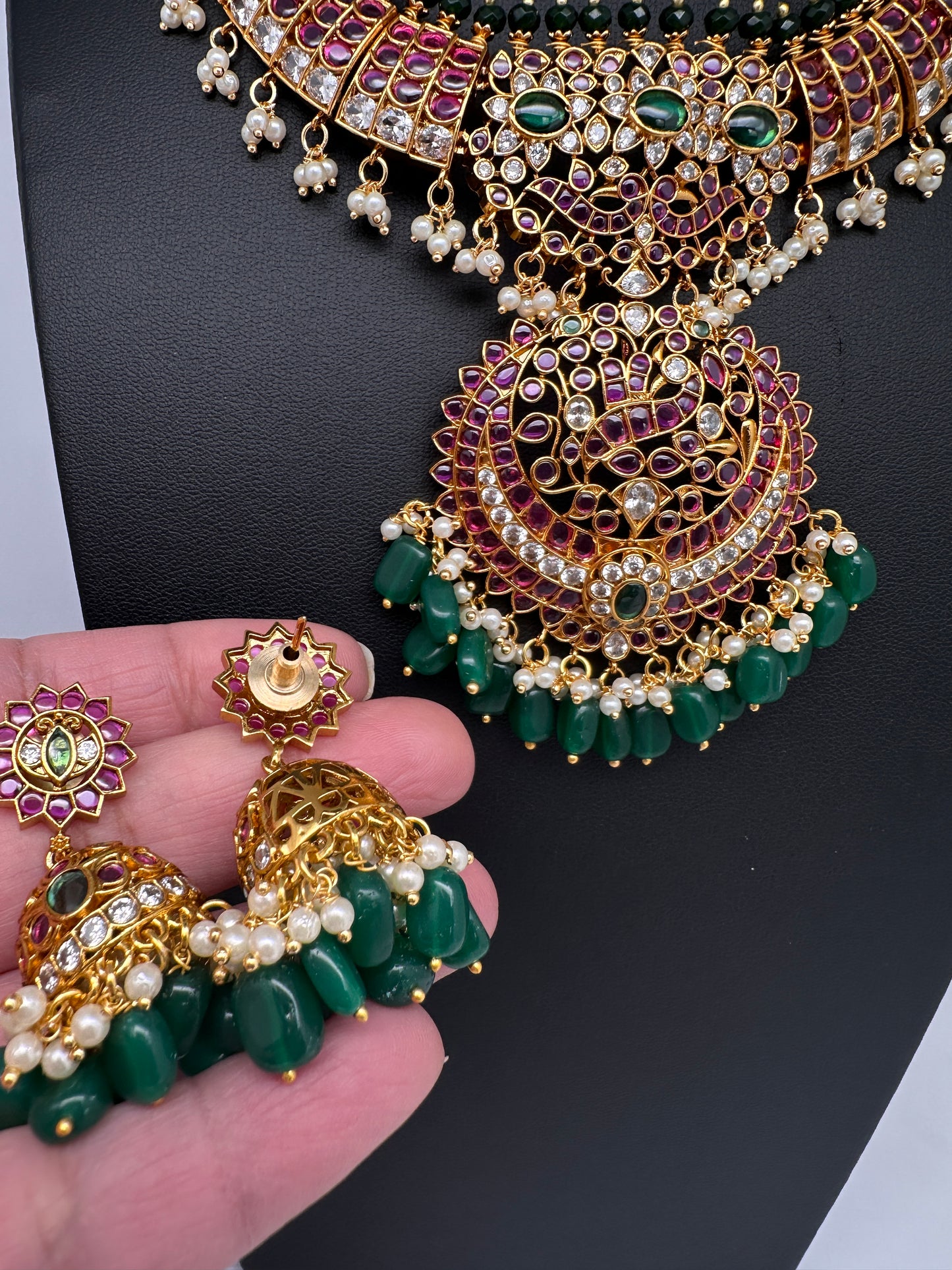CZ Kemp  3 - 1 Short Necklace Comes with 2 Pendents and Jhumka - 