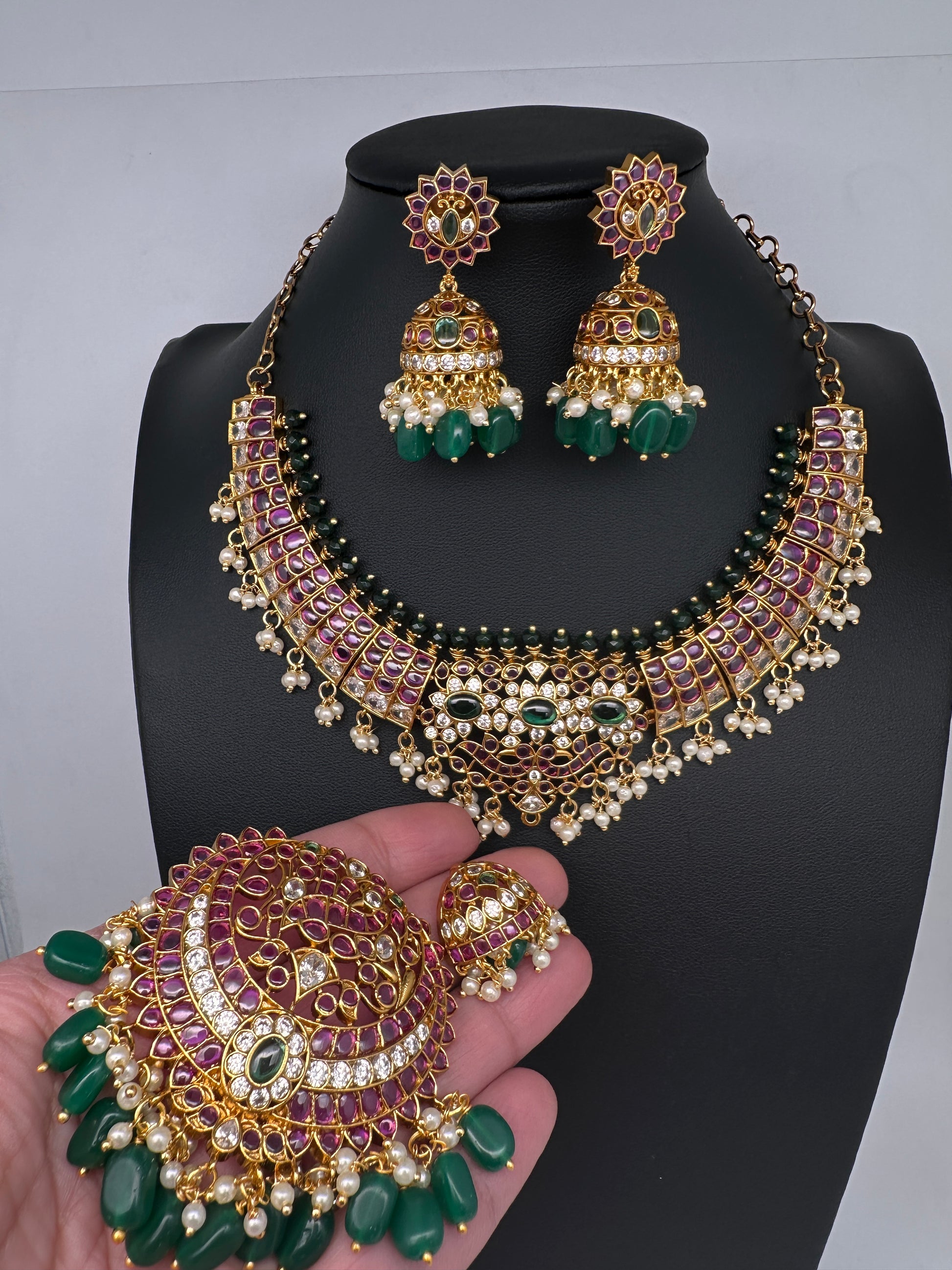 CZ Kemp  3 - 1 Short Necklace Comes with 2 Pendents and Jhumka - 