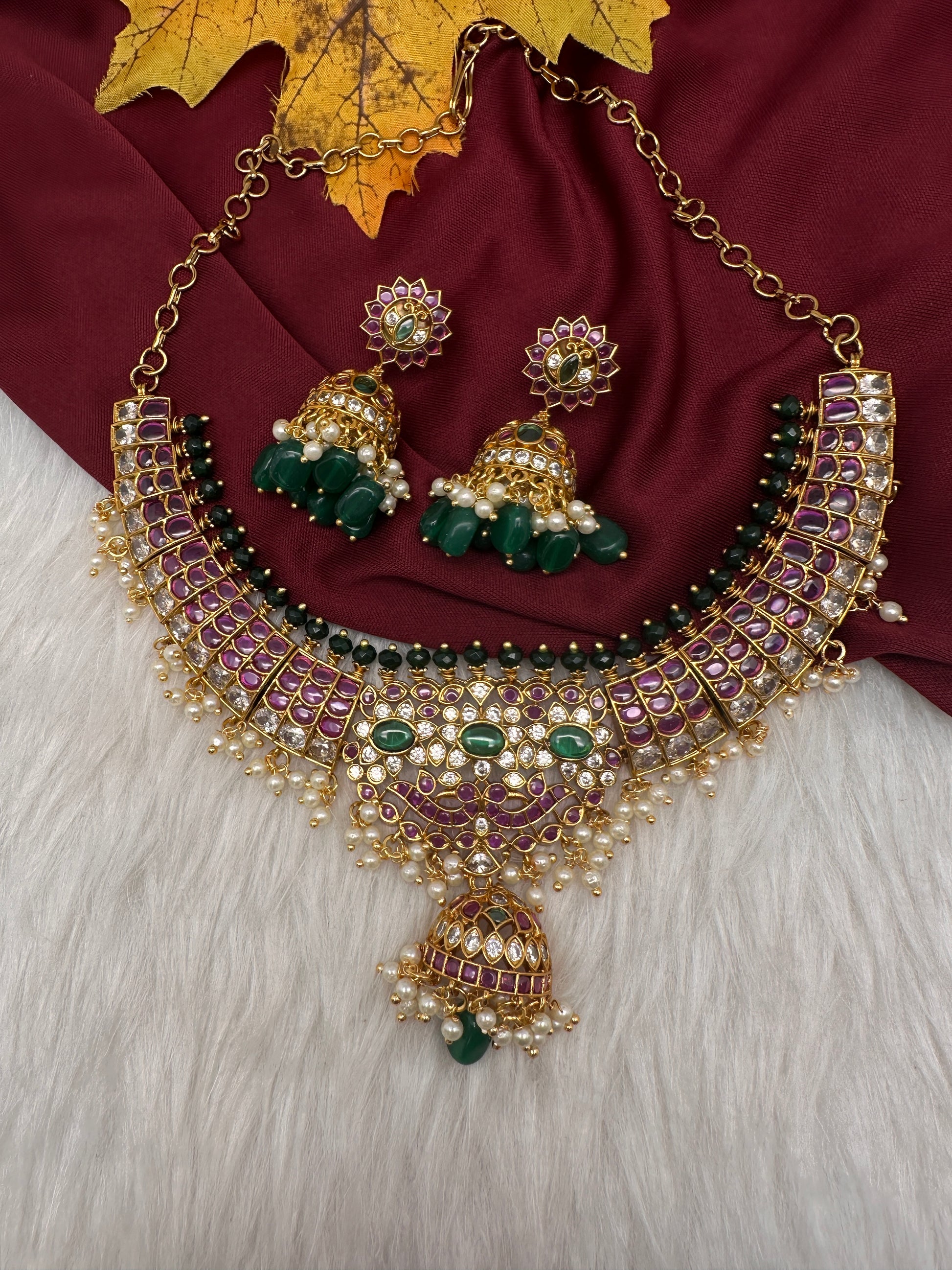 CZ Kemp  3 - 1 Short Necklace Comes with 2 Pendents and Jhumka - 