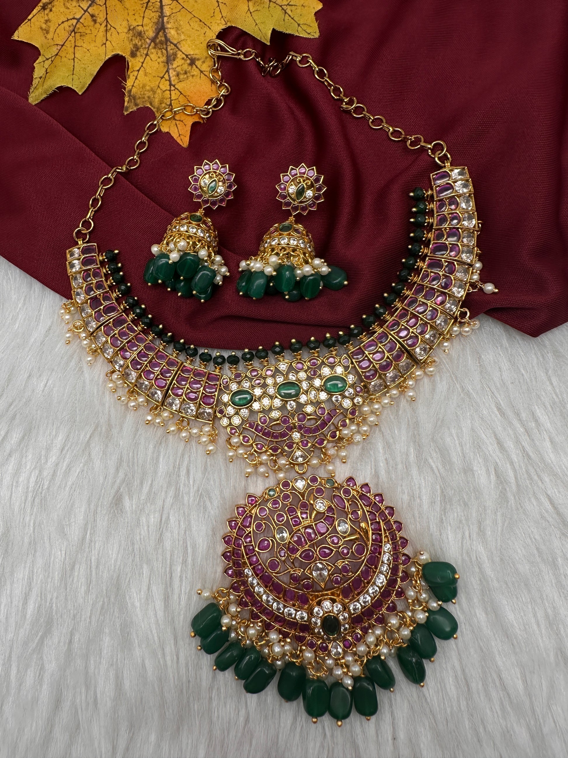 CZ Kemp  3 - 1 Short Necklace Comes with 2 Pendents and Jhumka - 