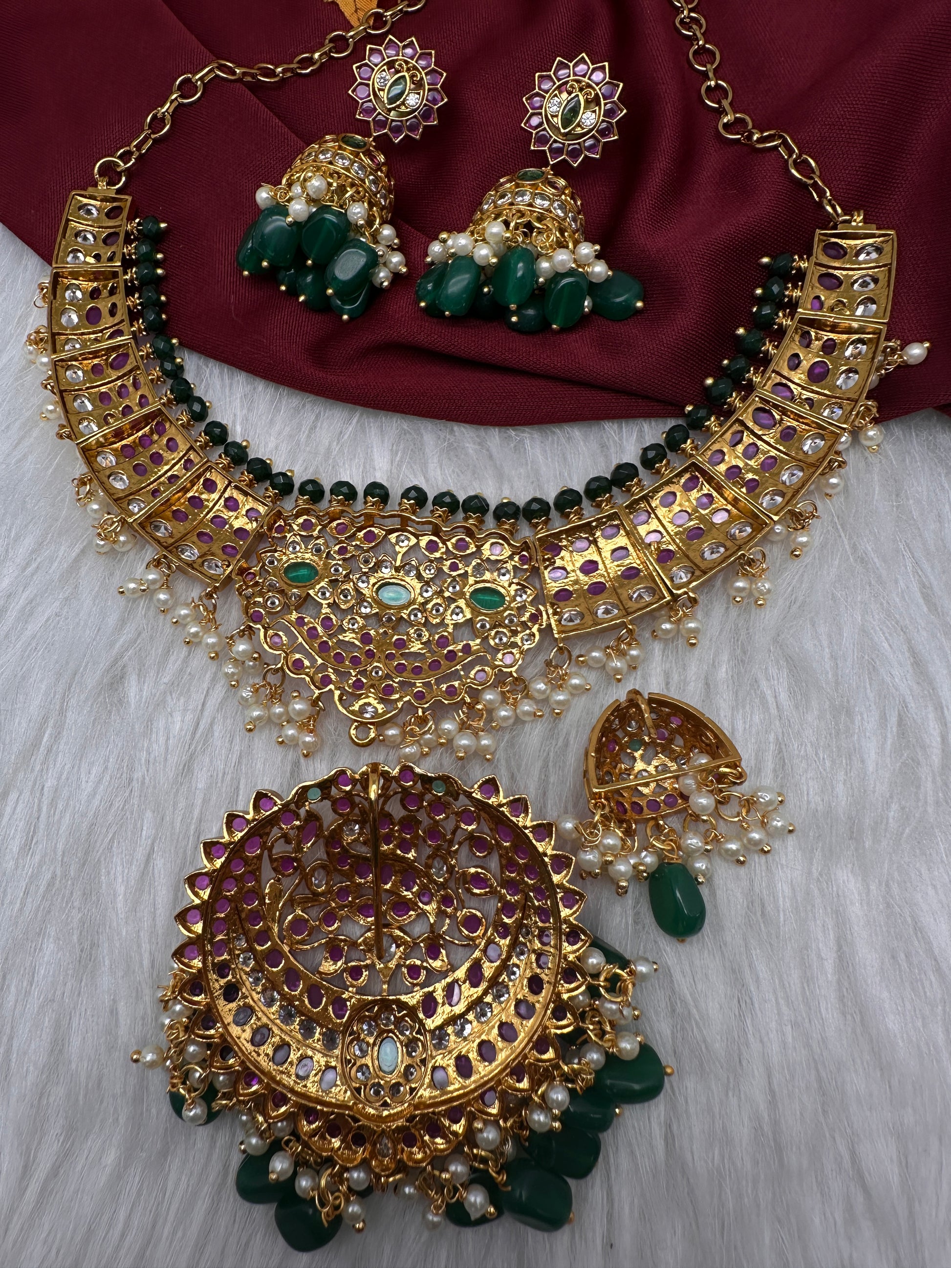 CZ Kemp  3 - 1 Short Necklace Comes with 2 Pendents and Jhumka - 