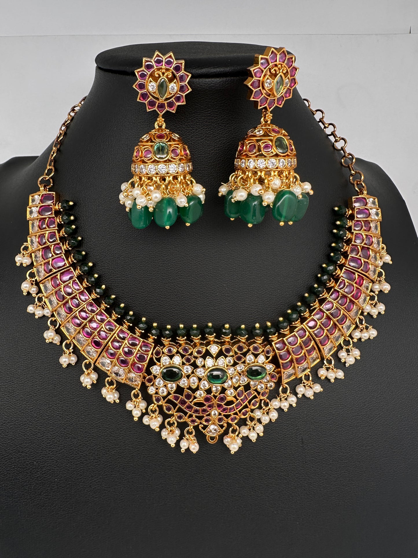 CZ Kemp  3 - 1 Short Necklace Comes with 2 Pendents and Jhumka - 