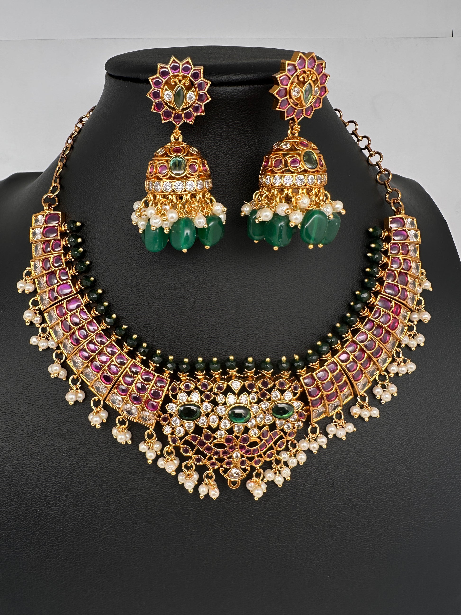 CZ Kemp  3 - 1 Short Necklace Comes with 2 Pendents and Jhumka - 