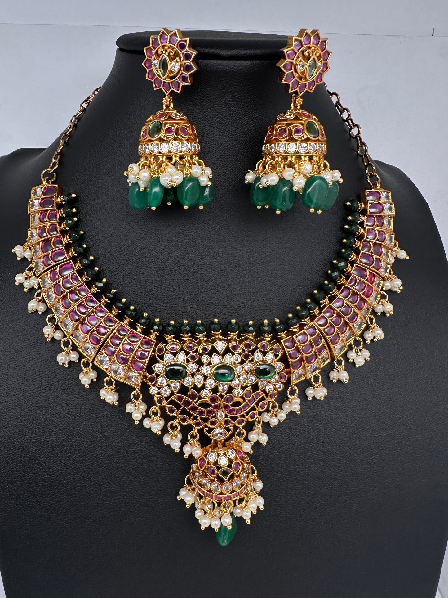 CZ Kemp  3 - 1 Short Necklace Comes with 2 Pendents and Jhumka - 