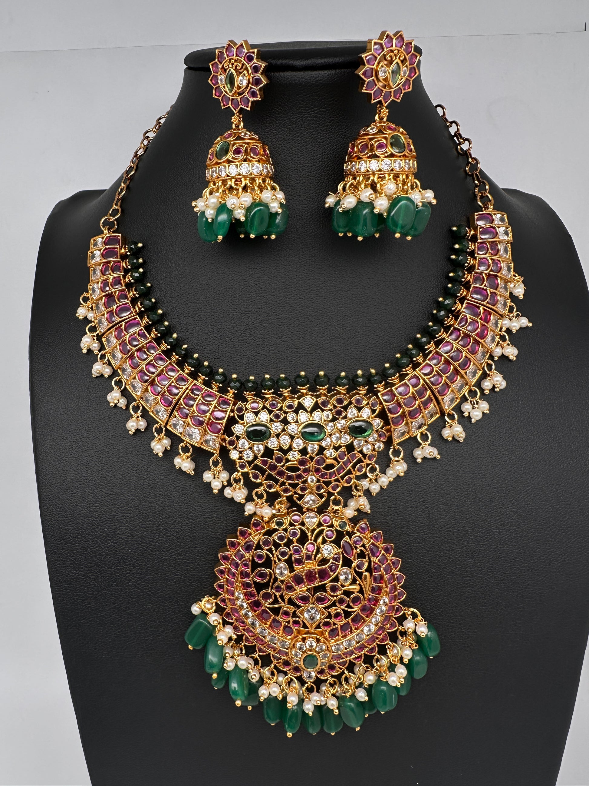 CZ Kemp  3 - 1 Short Necklace Comes with 2 Pendents and Jhumka - 