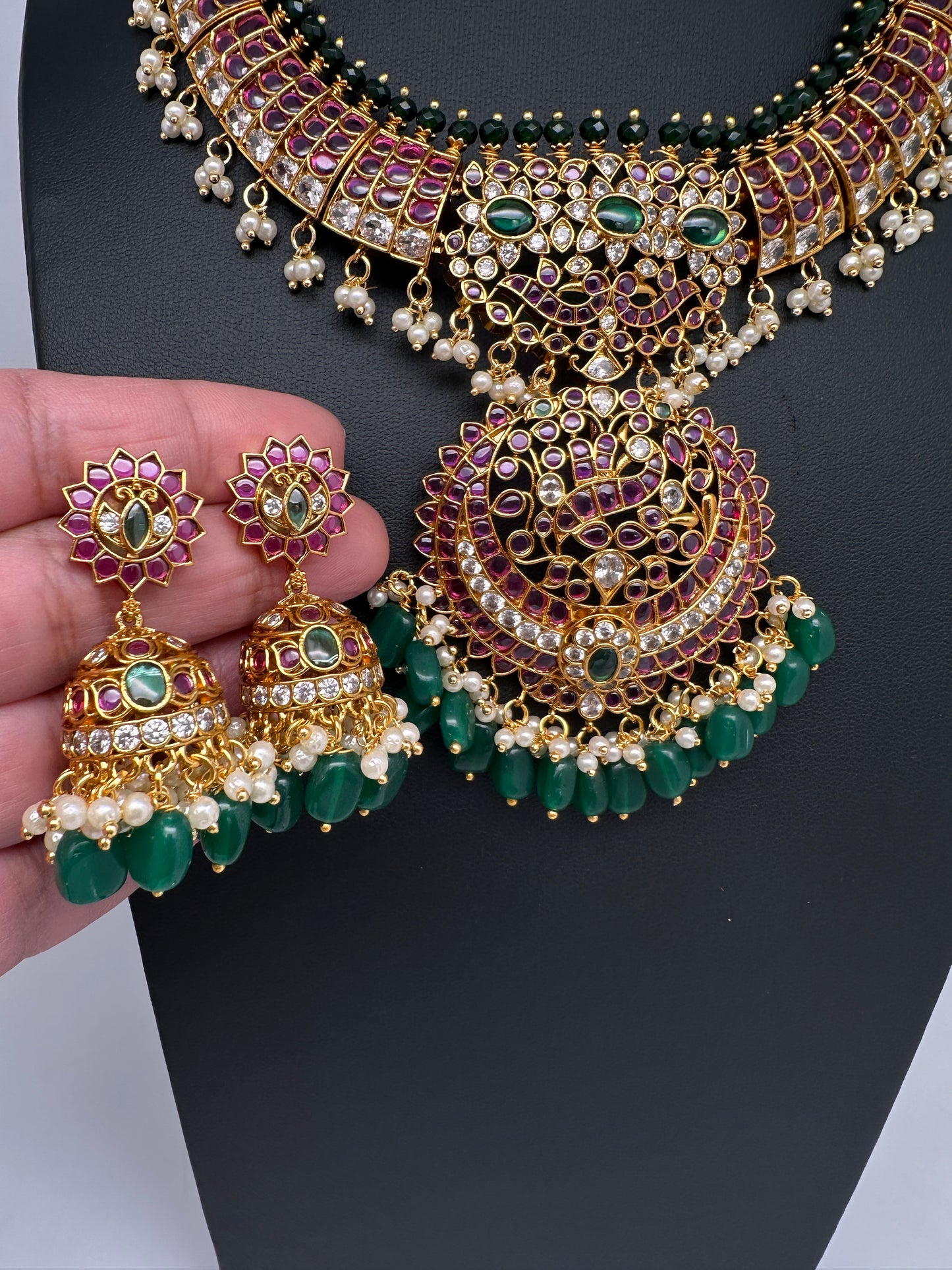CZ Kemp  3 - 1 Short Necklace Comes with 2 Pendents and Jhumka - 