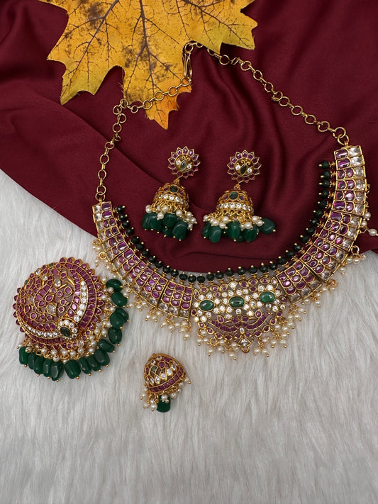 CZ Kemp  3 - 1 Short Necklace Comes with 2 Pendents and Jhumka - 