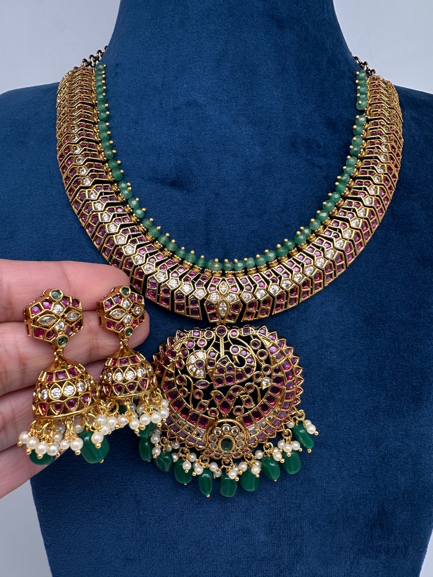 Kempu Red Green Short Necklace with Jhumkis - 
