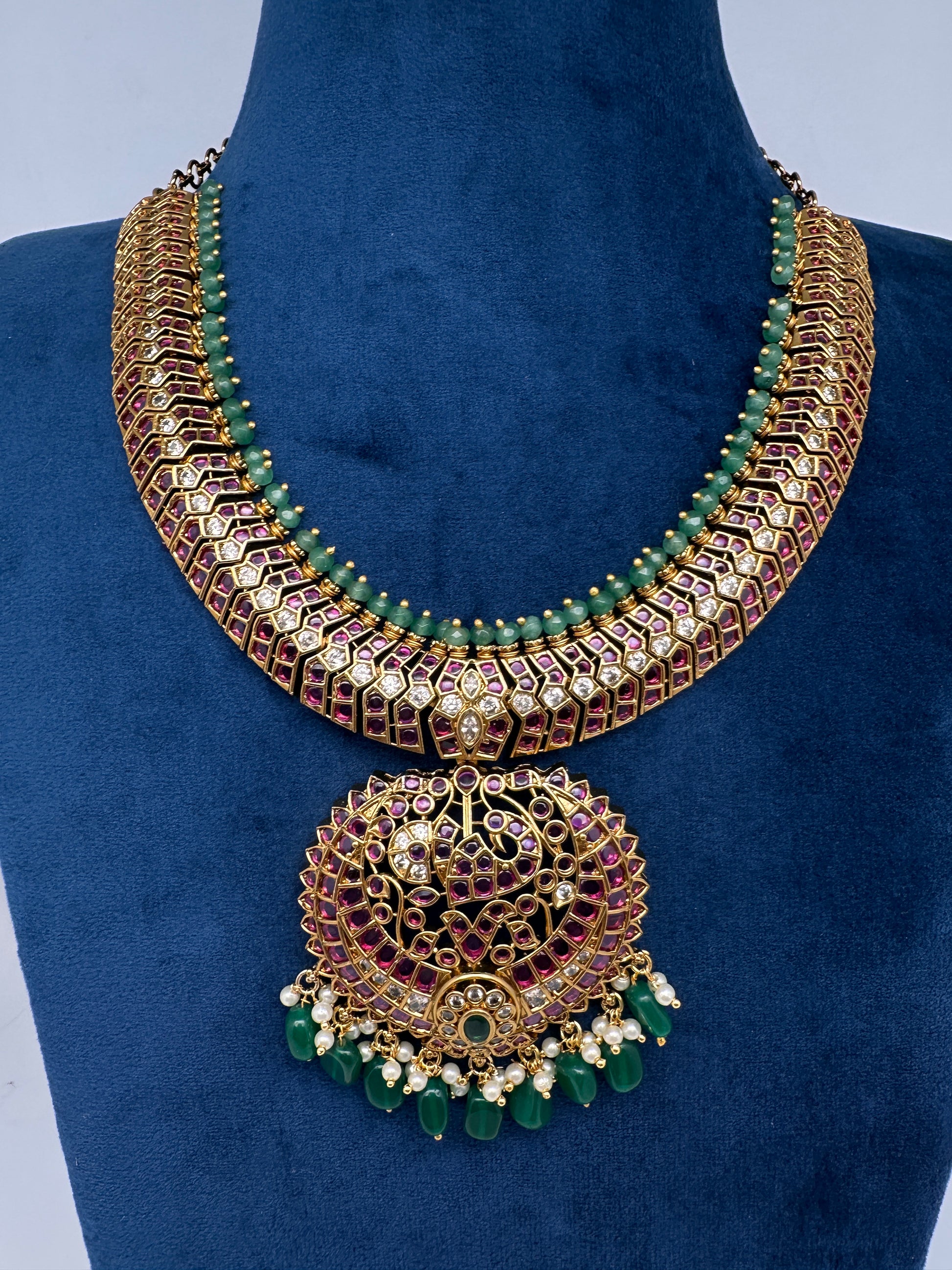 Kempu Red Green Short Necklace with Jhumkis - 