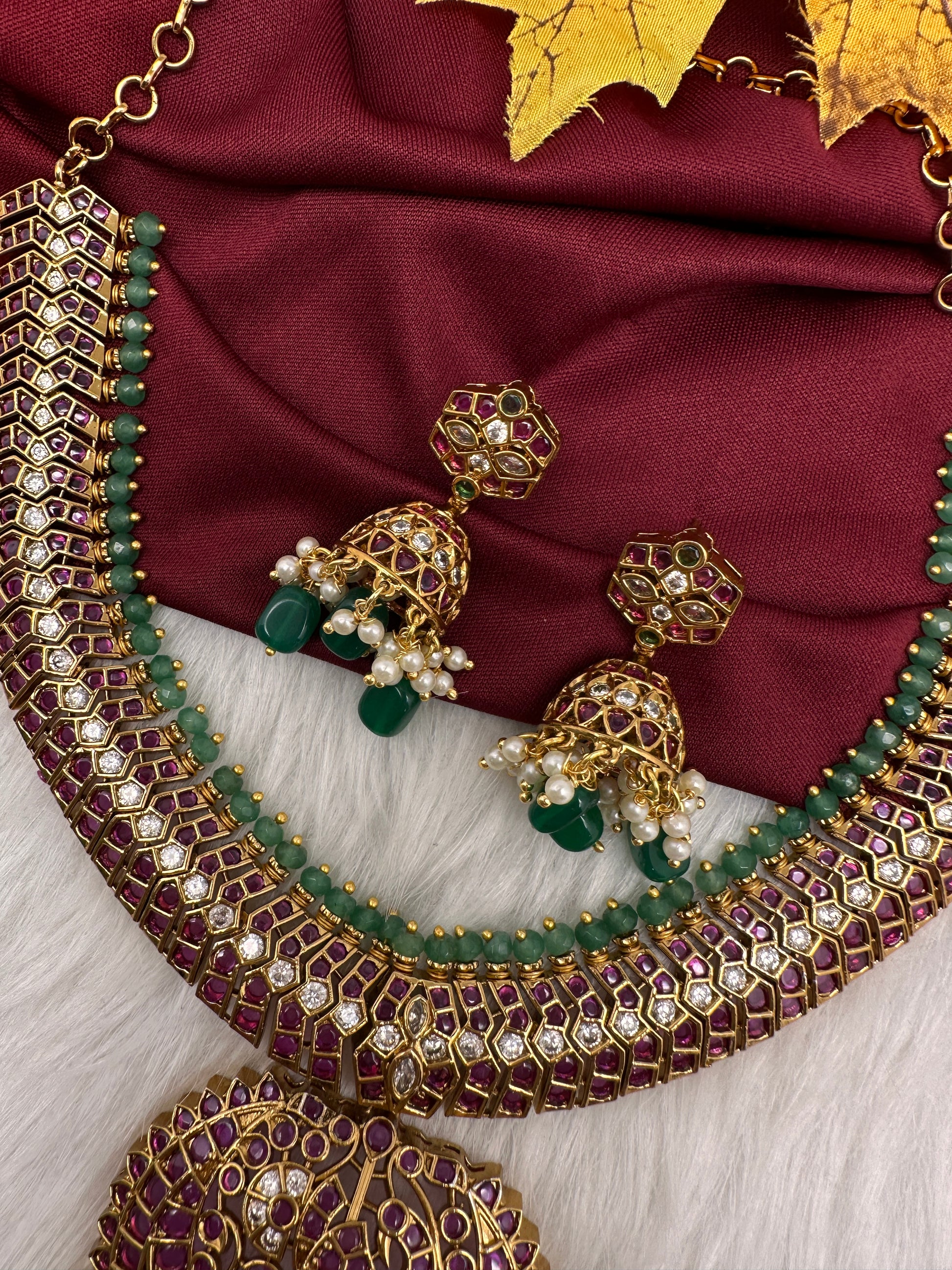 Kempu Red Green Short Necklace with Jhumkis - 