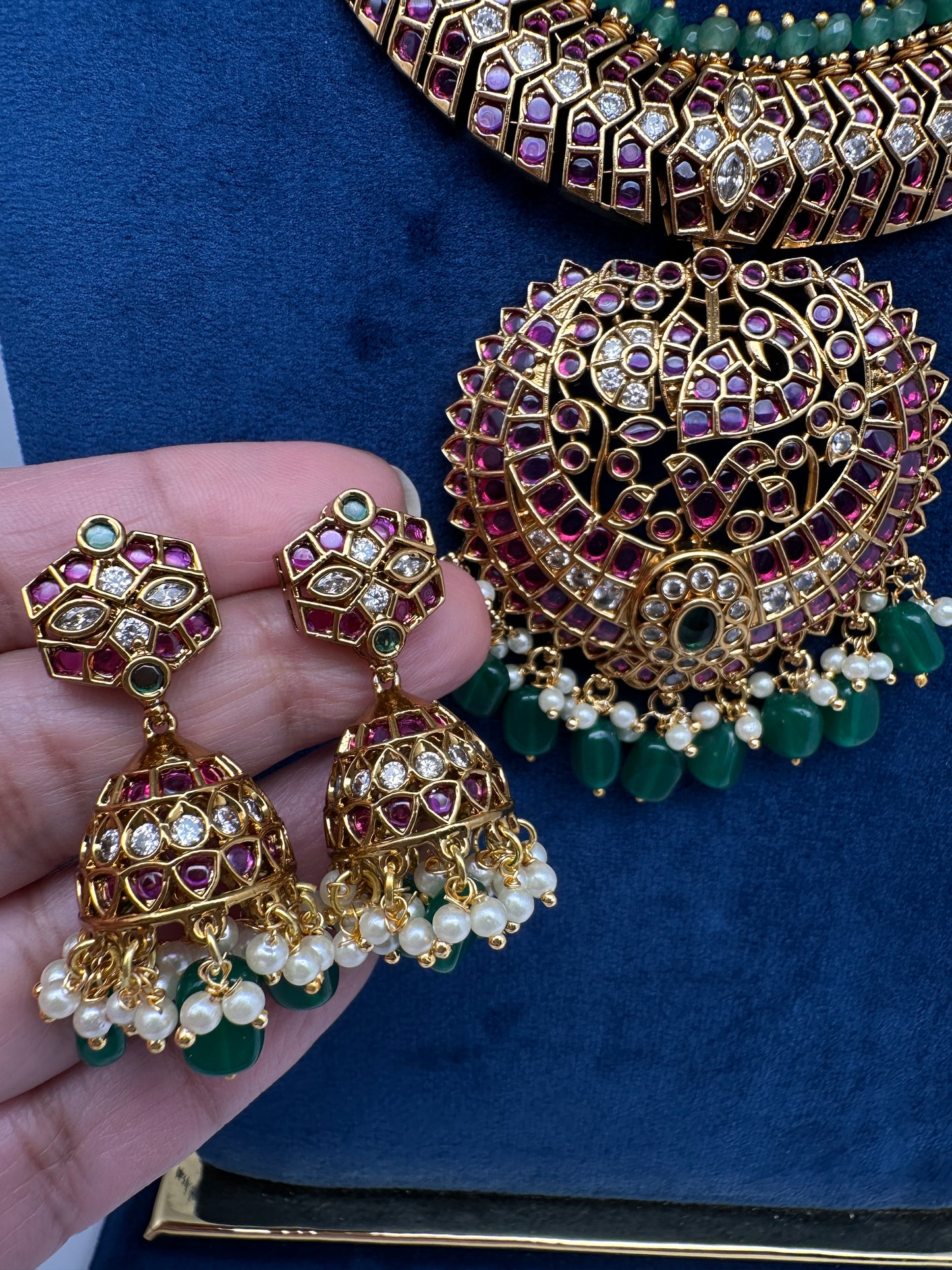 Kempu Red Green Short Necklace with Jhumkis - 