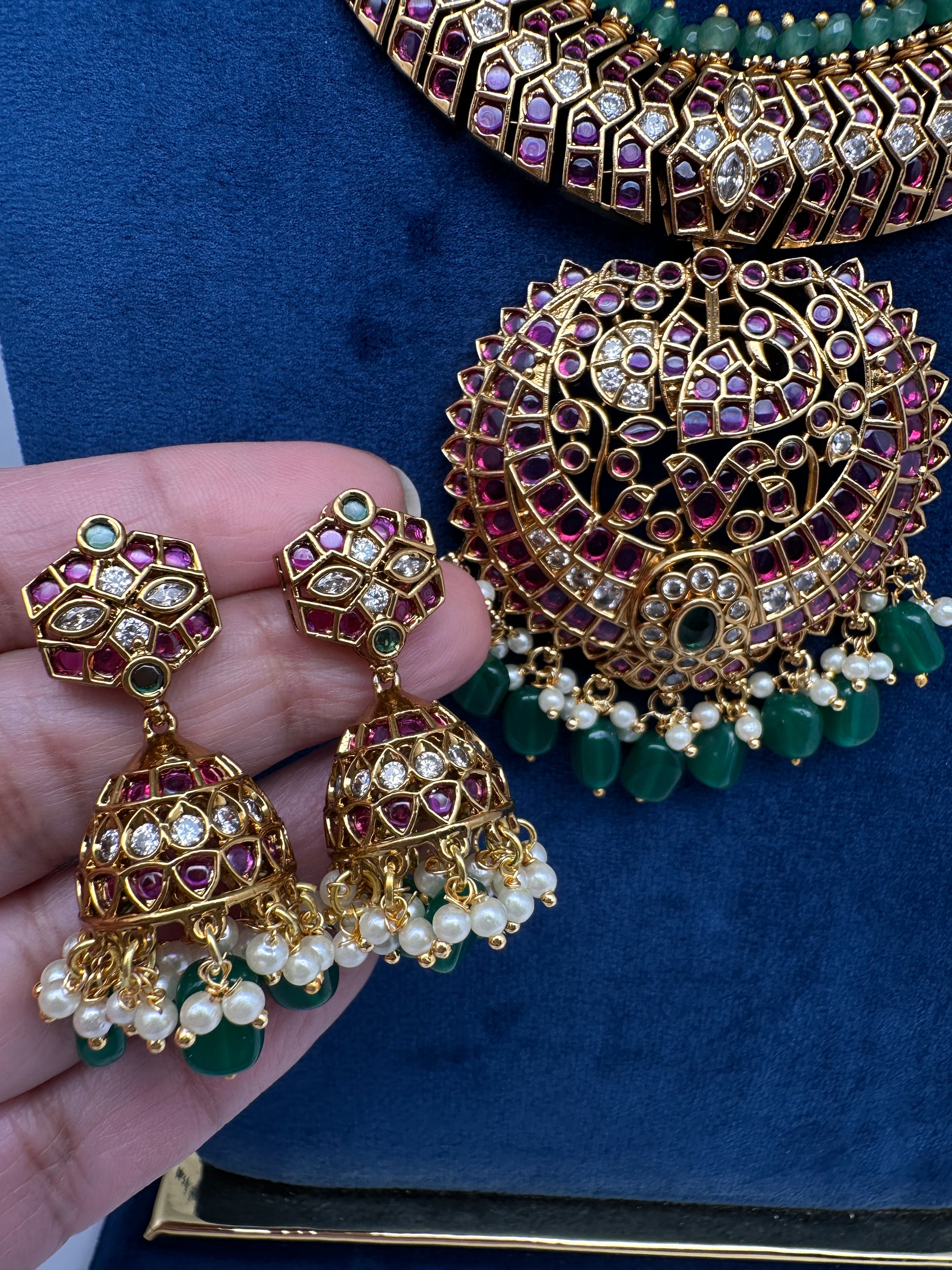 Kempu Red Green Short Necklace with Jhumkis - 