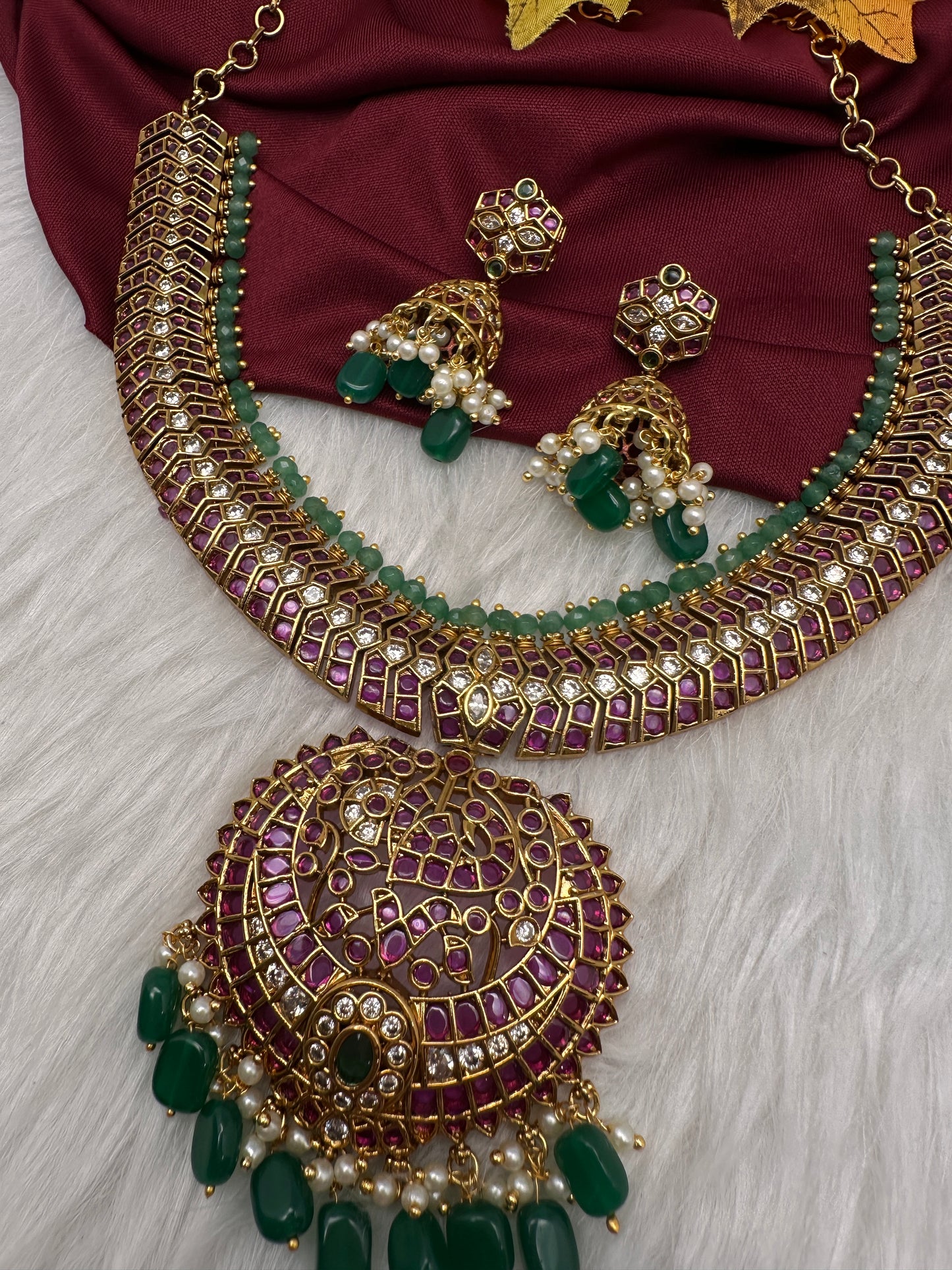 Kempu Red Green Short Necklace with Jhumkis - 
