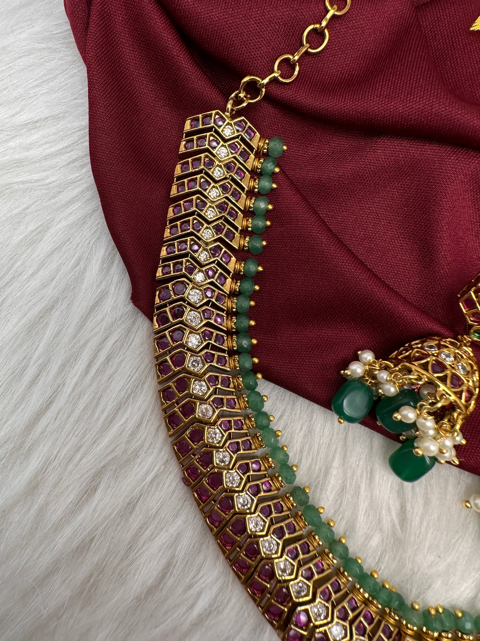 Kempu Red Green Short Necklace with Jhumkis - 