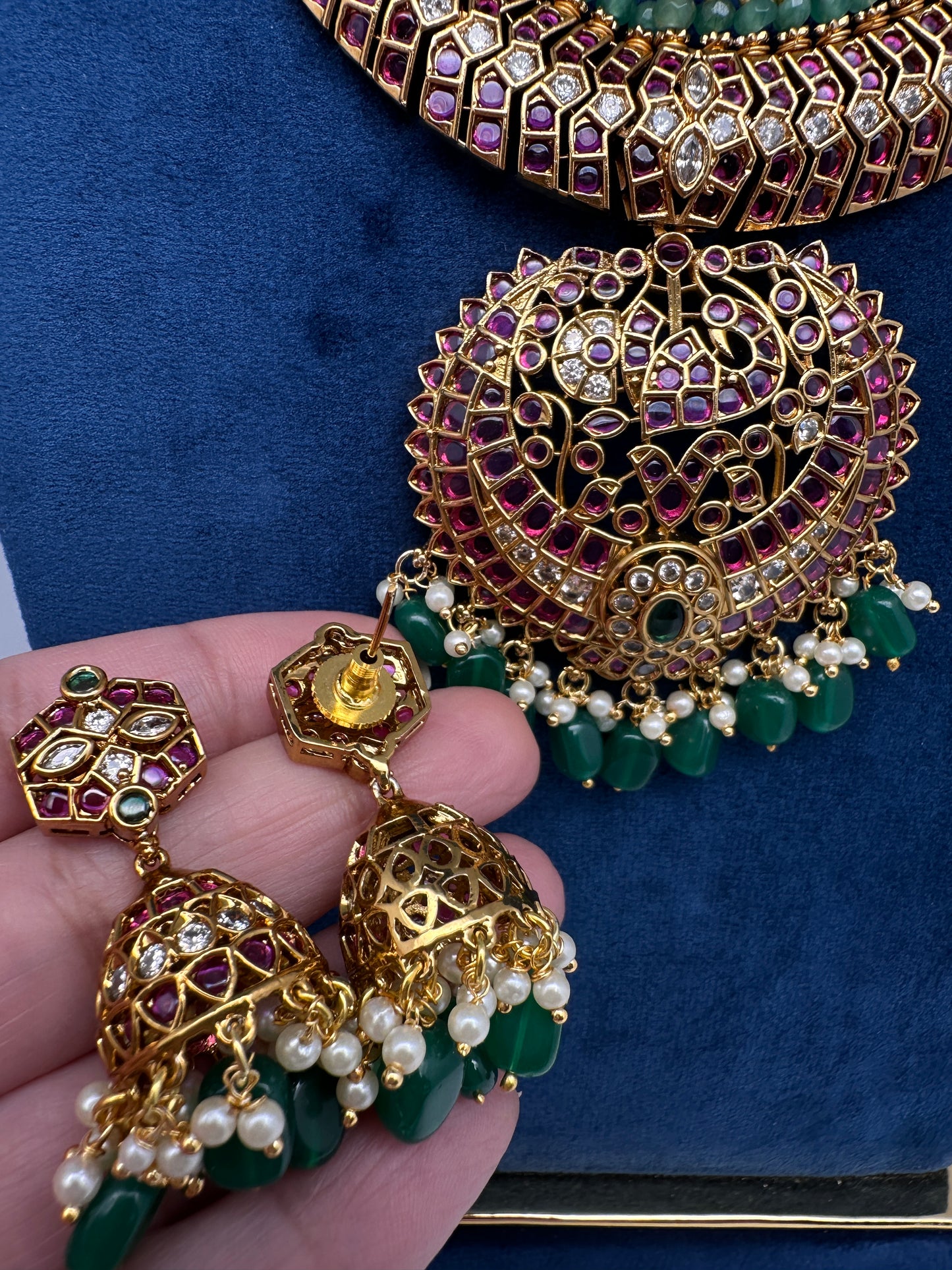 Kempu Red Green Short Necklace with Jhumkis - 
